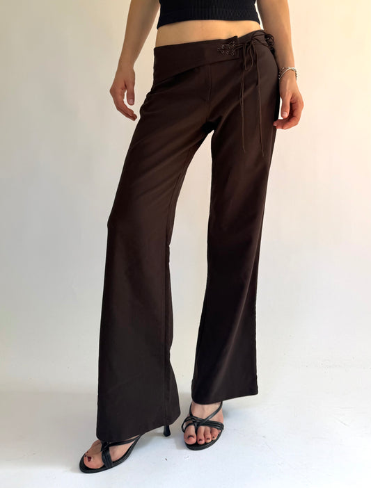 Y2K Brown low rise wide leg trousers with tie waist