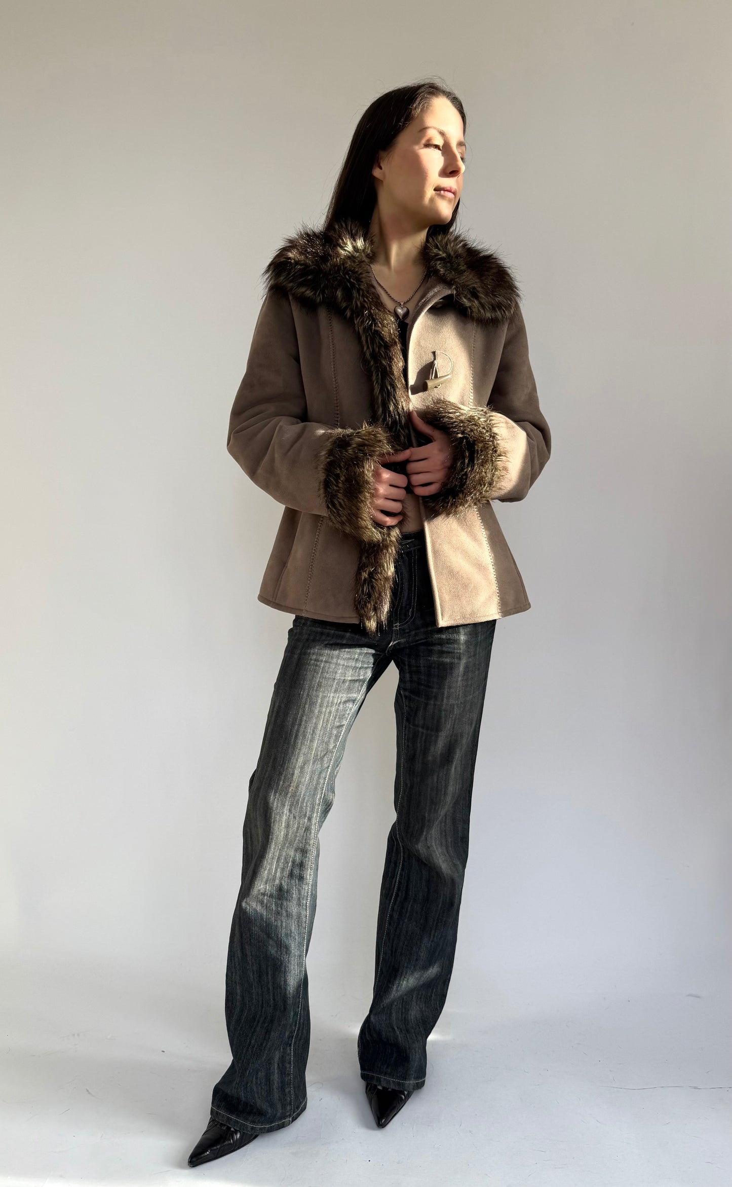 Y2K faux fur lined jacket with toggle fastening