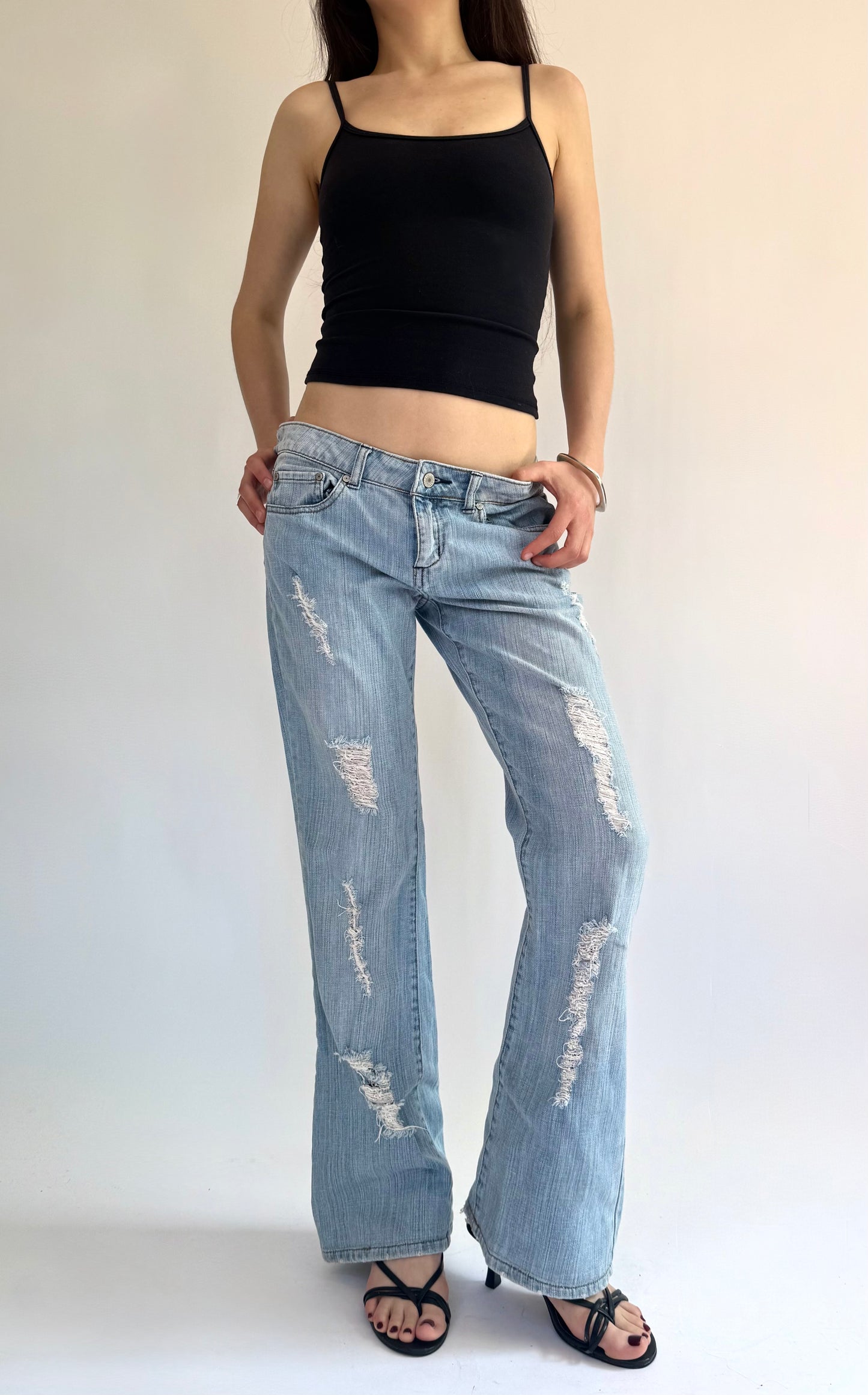 Y2K low rise baggy Distressed flared denim jeans