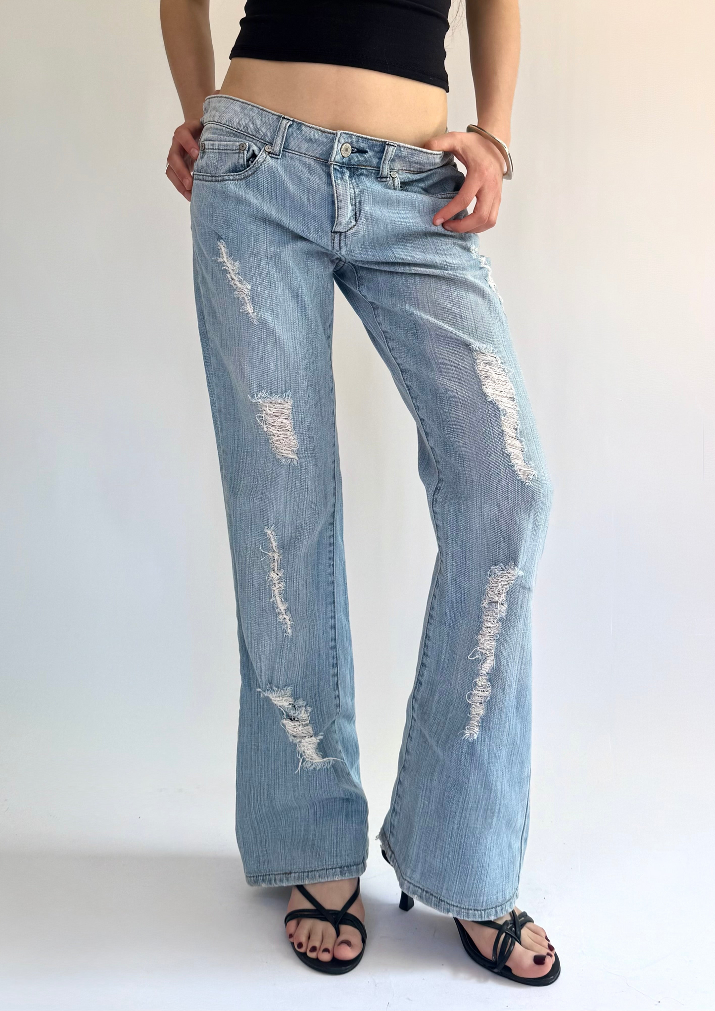 Y2K low rise baggy Distressed flared denim jeans
