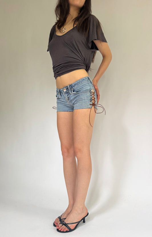 Y2K reworked extra low rise denim shorts with lace up detail