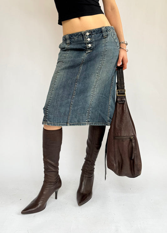 Y2K denim low rise midi skirt by BCBG maxazria