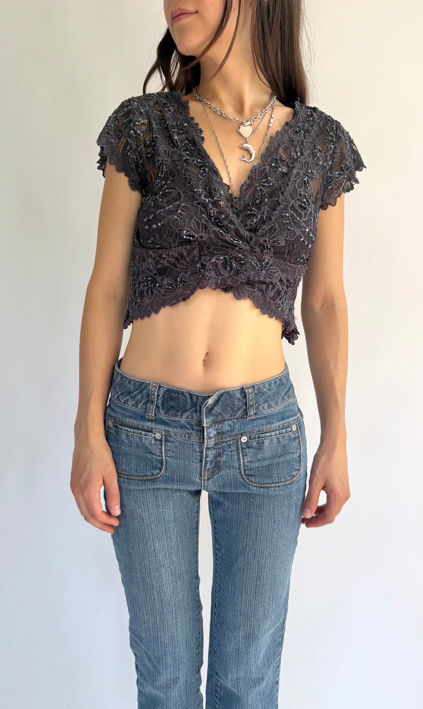 Y2K beaded lace top with V-neck