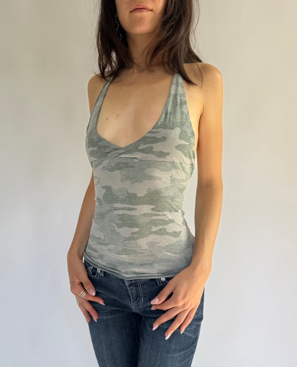 Reworked Y2K inspired camo print halter top