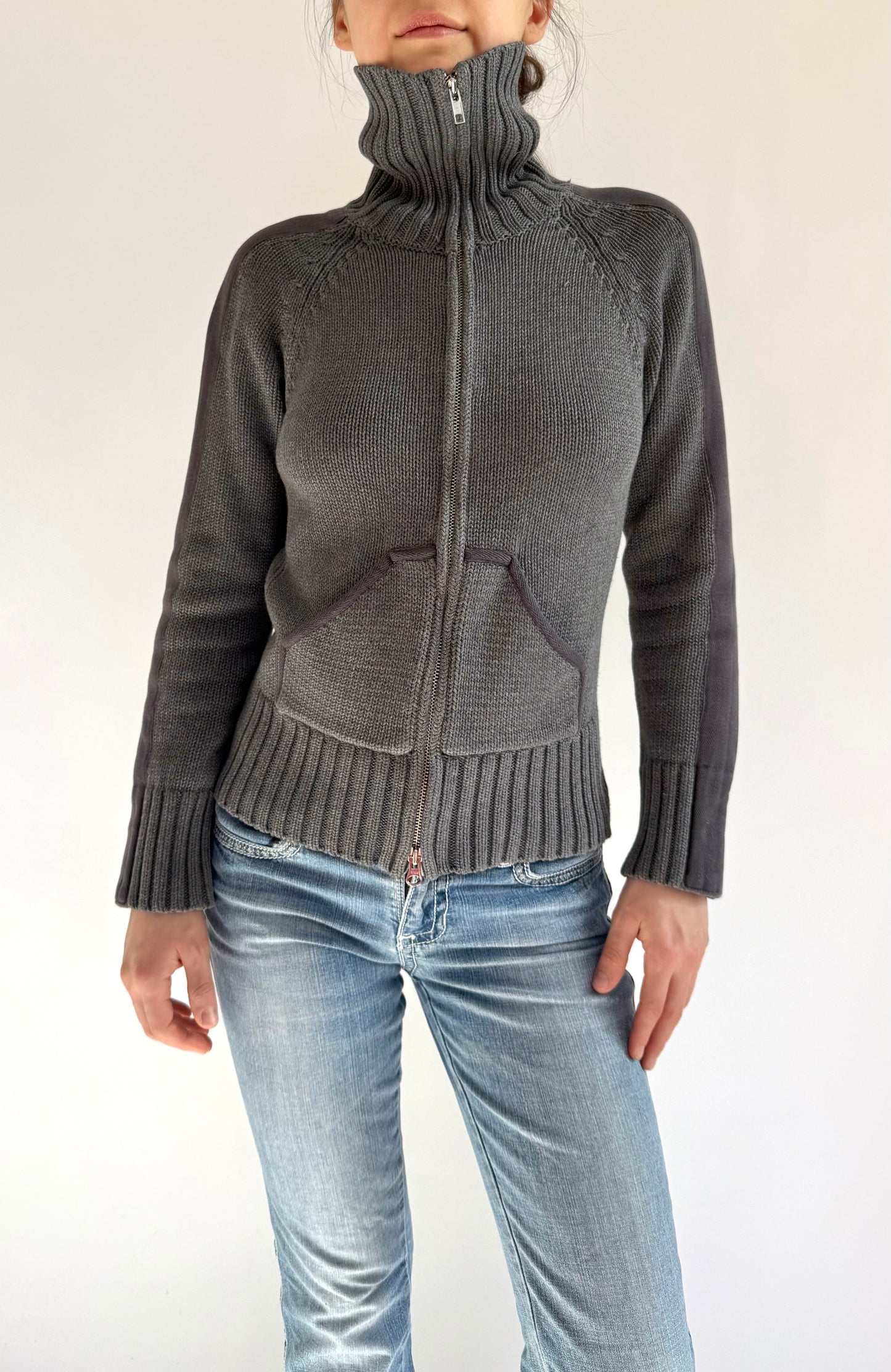 Y2K/2000s thick knit zip up sweater with high neck