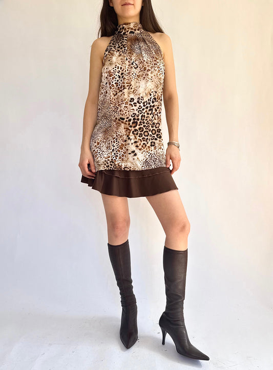 Y2k satin leopard print tie neck flowy top