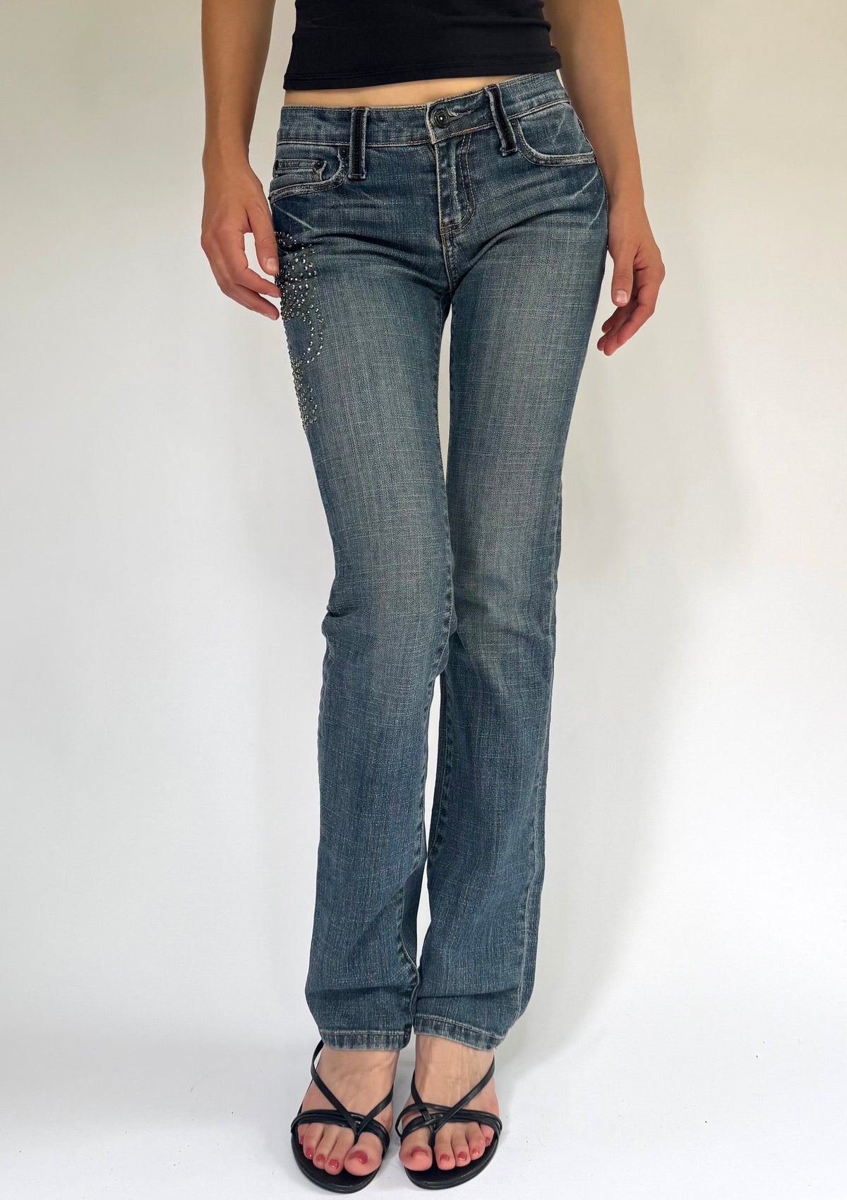 Y2K low rise straight jeans with rhinestone detailing