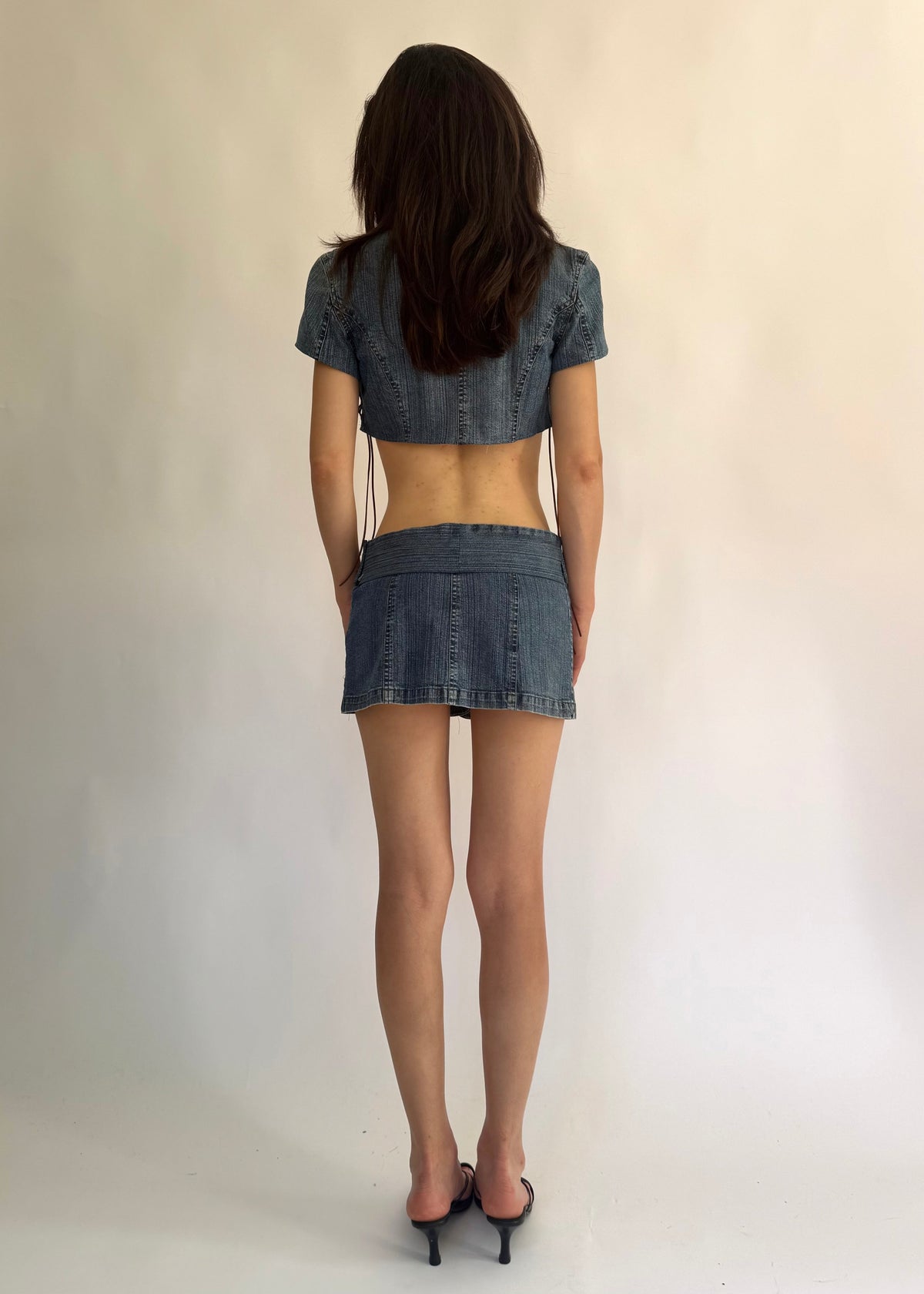 2000s one of one reworked denim low rise mini skirt and crop top set with lace-up detail