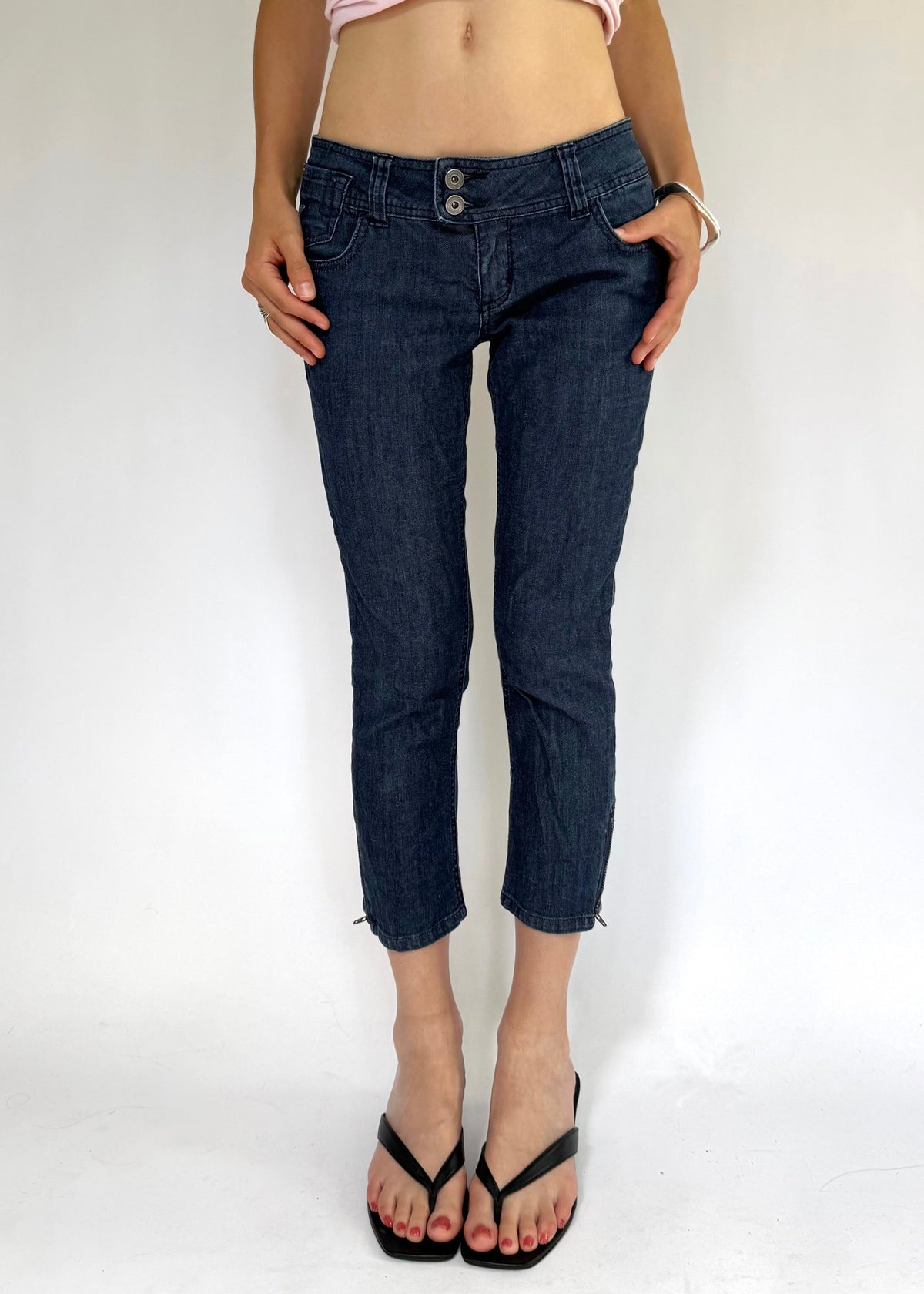 Y2K extra low rise dark wash denim capris