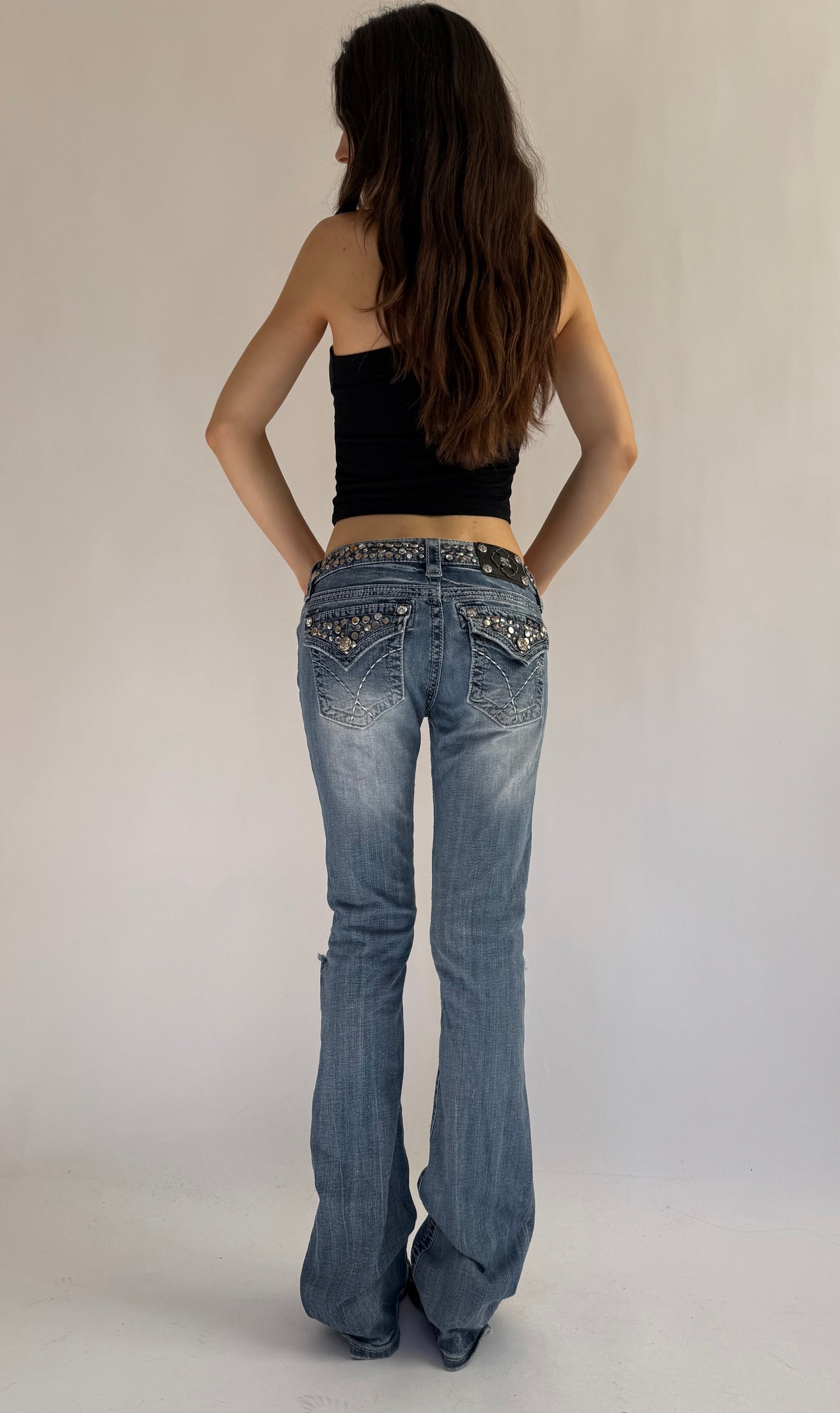 Y2K insane low rise MISS ME bedazzled flared jeans