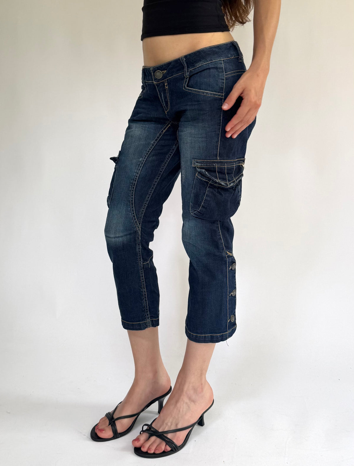 Y2K extra low rise denim capri cargo jeans