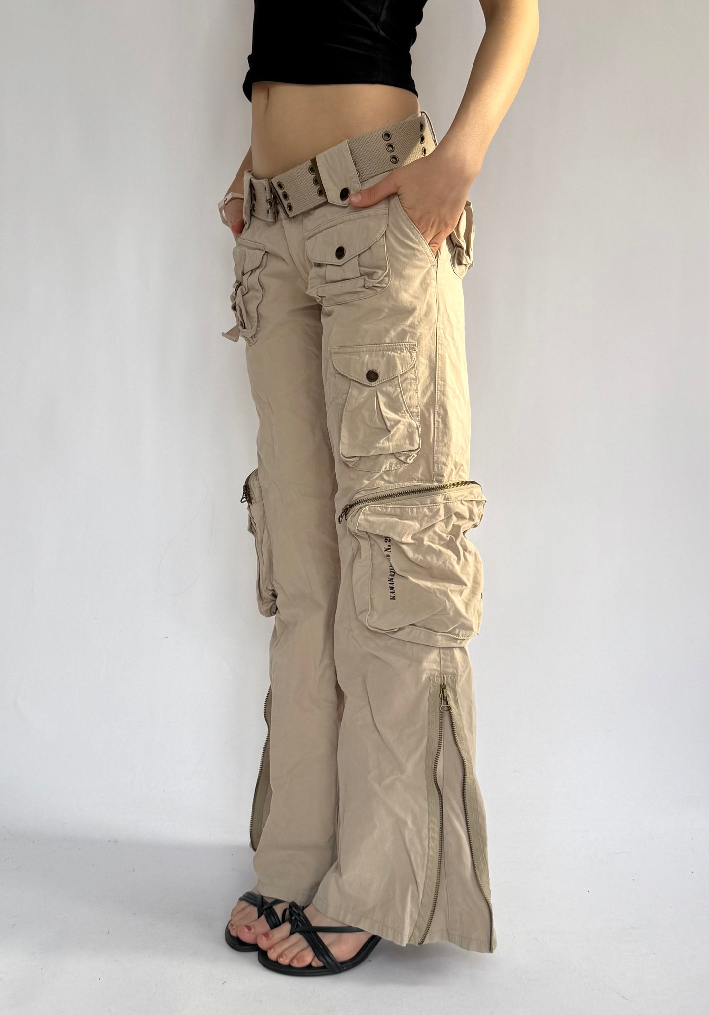 Y2K low rise beige flared cargos pants