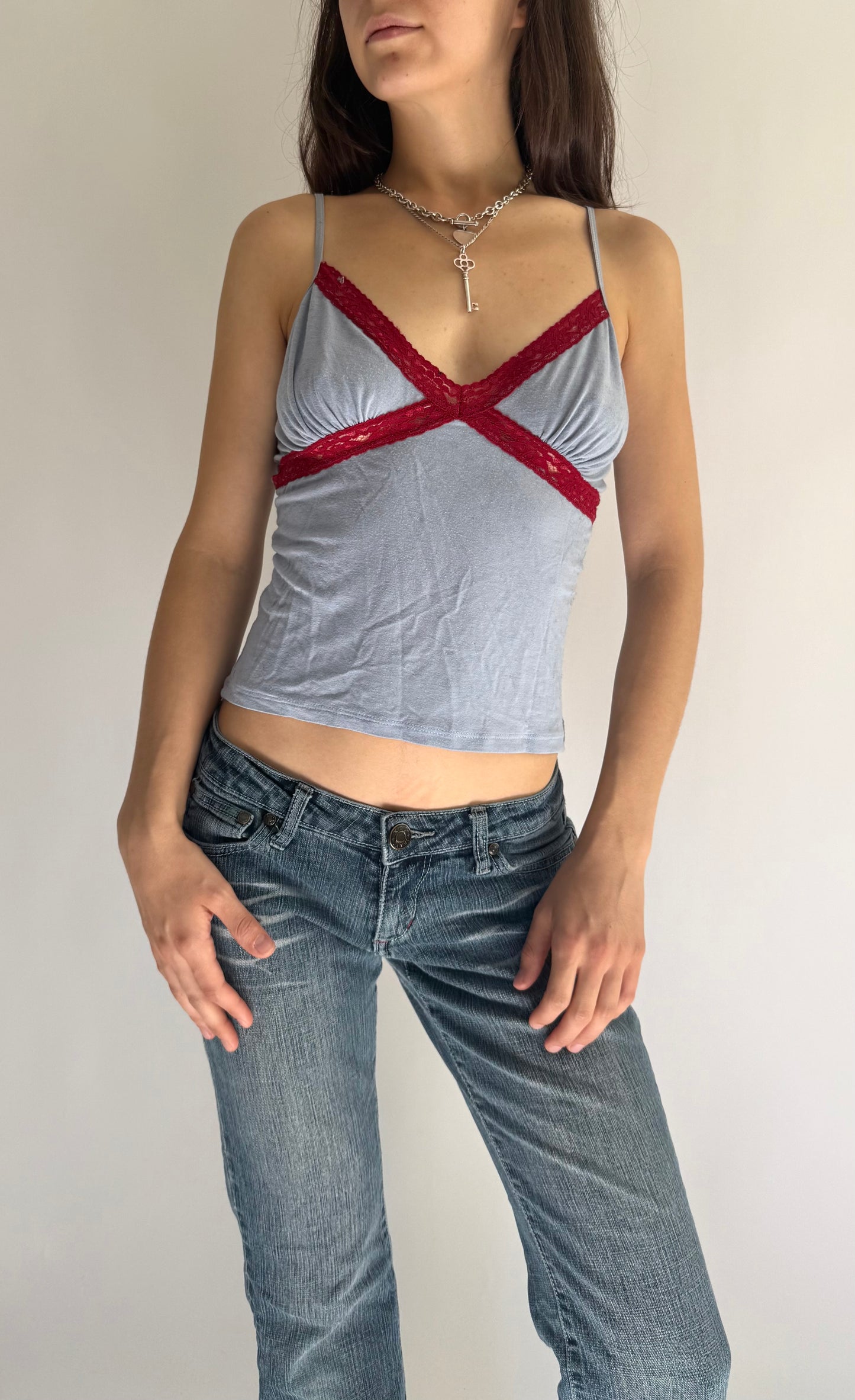 Y2K baby blue cami with red lace trim