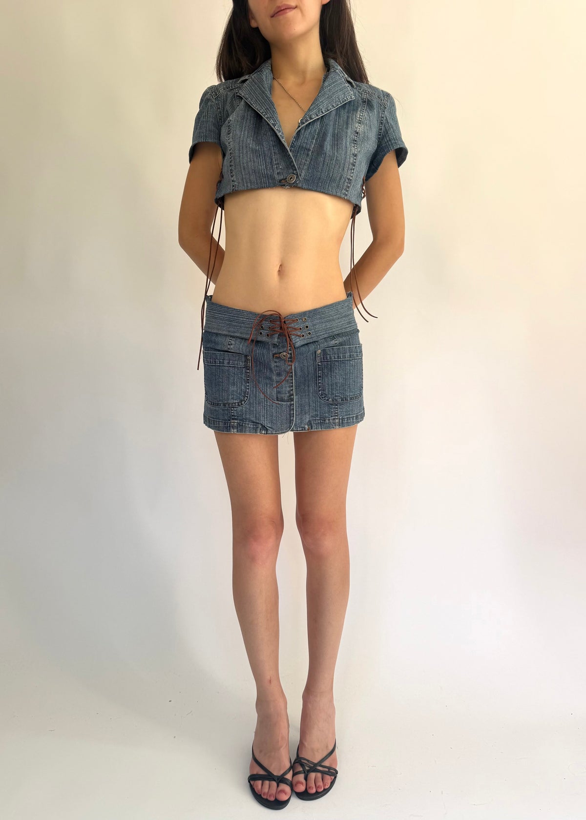 2000s one of one reworked denim low rise mini skirt and crop top set with lace-up detail
