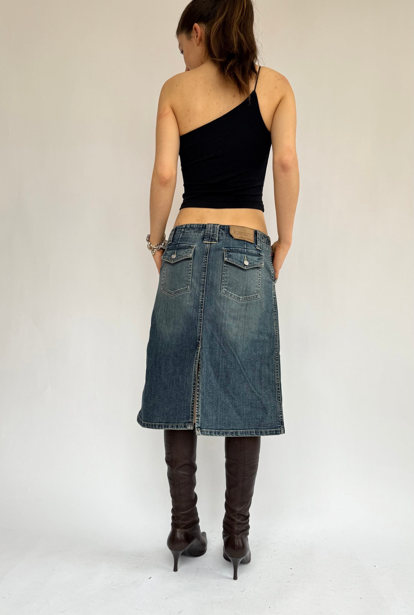 Y2K denim low rise midi skirt by BCBG maxazria