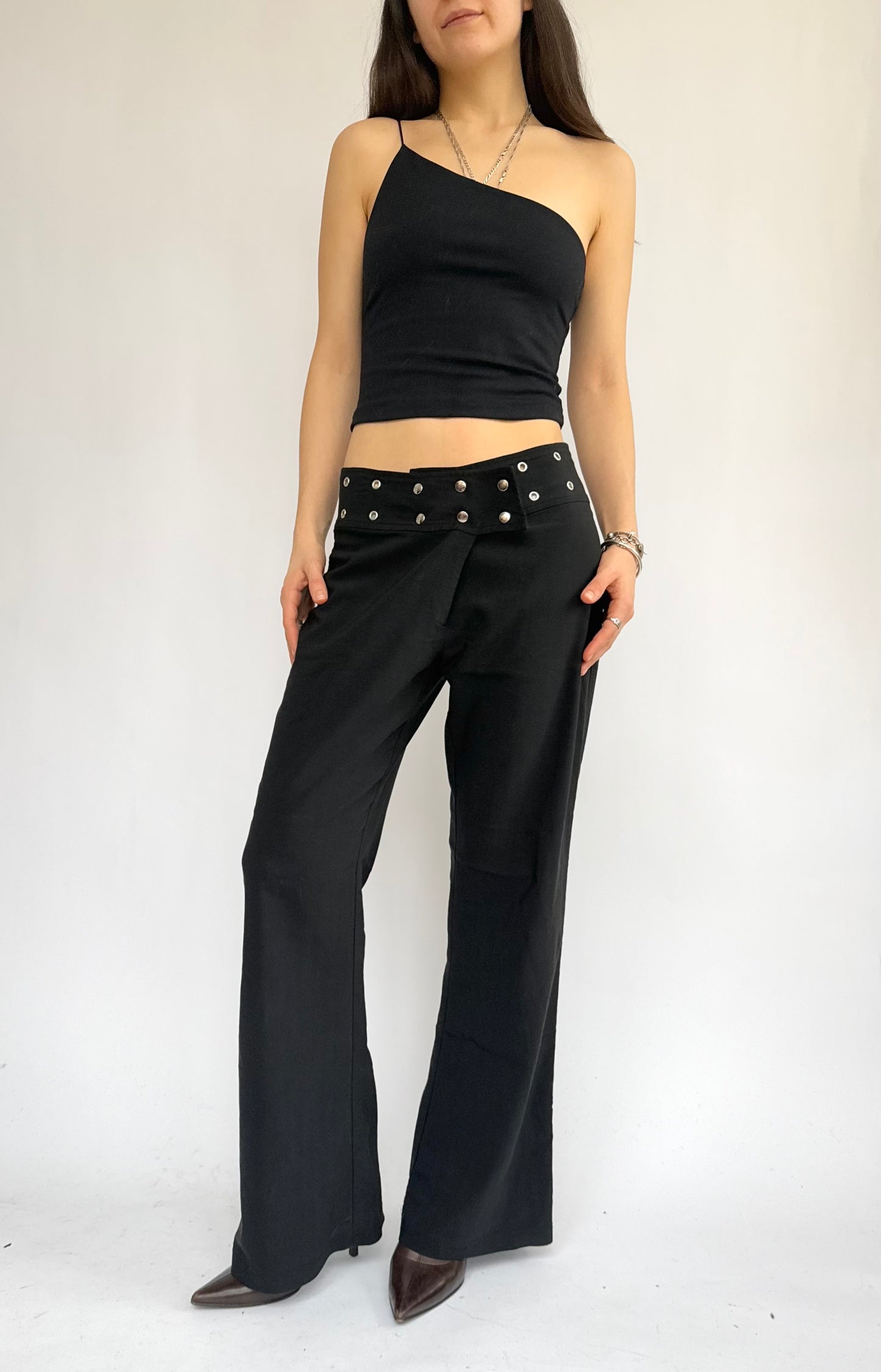 Y2K black flared studed waistband pants