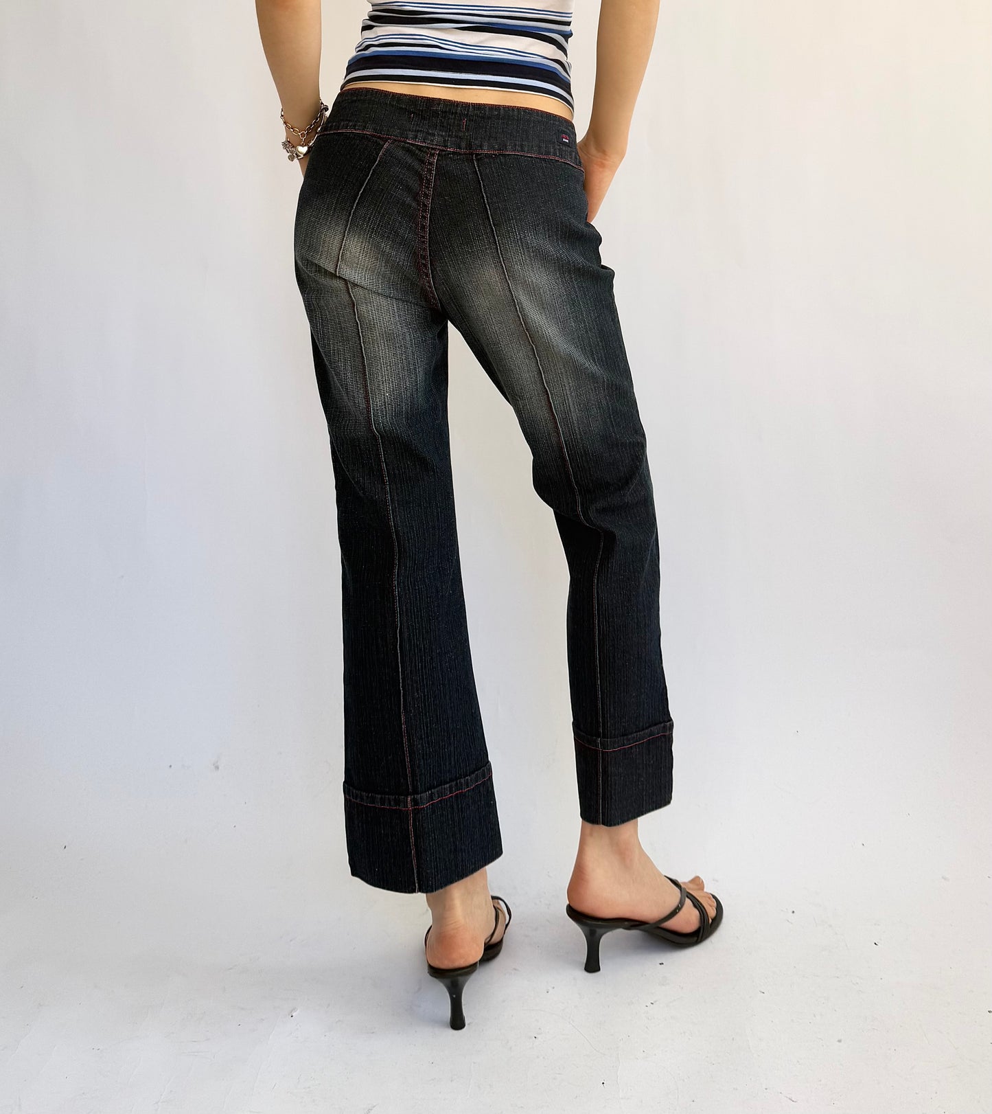 Y2K acid wash low rise denim capris with red stitching by VIGOSS jeans