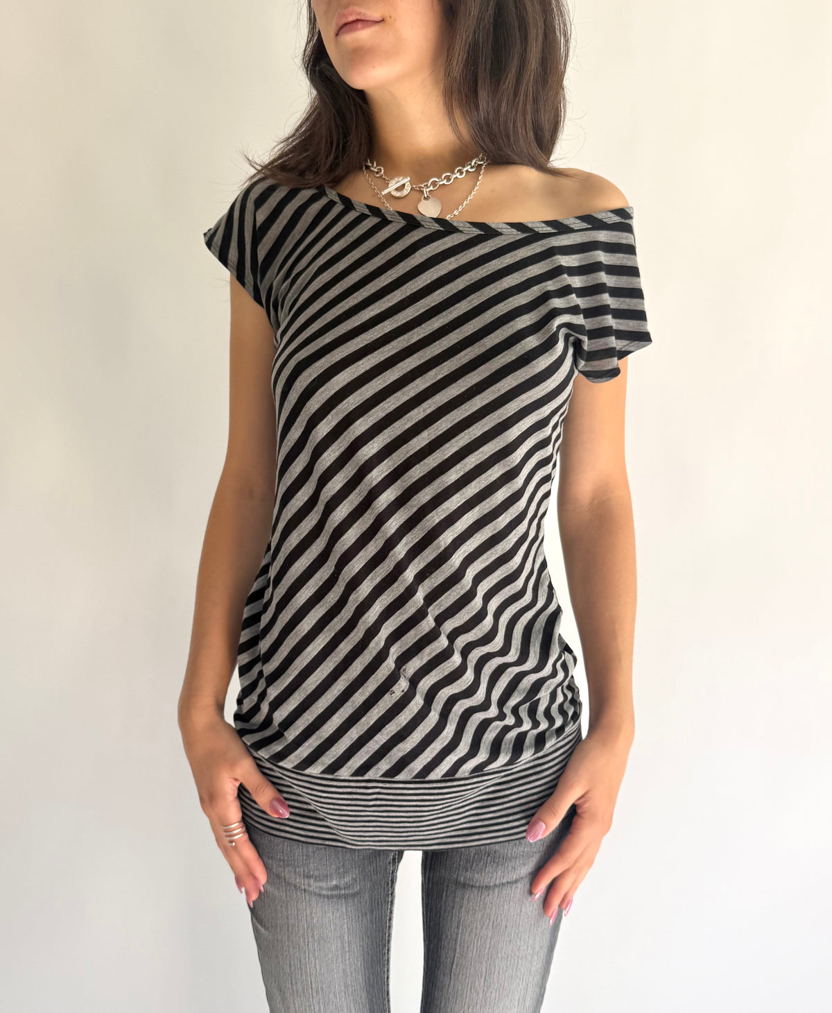 Y2K black & white diagonal striped off the shoulder top