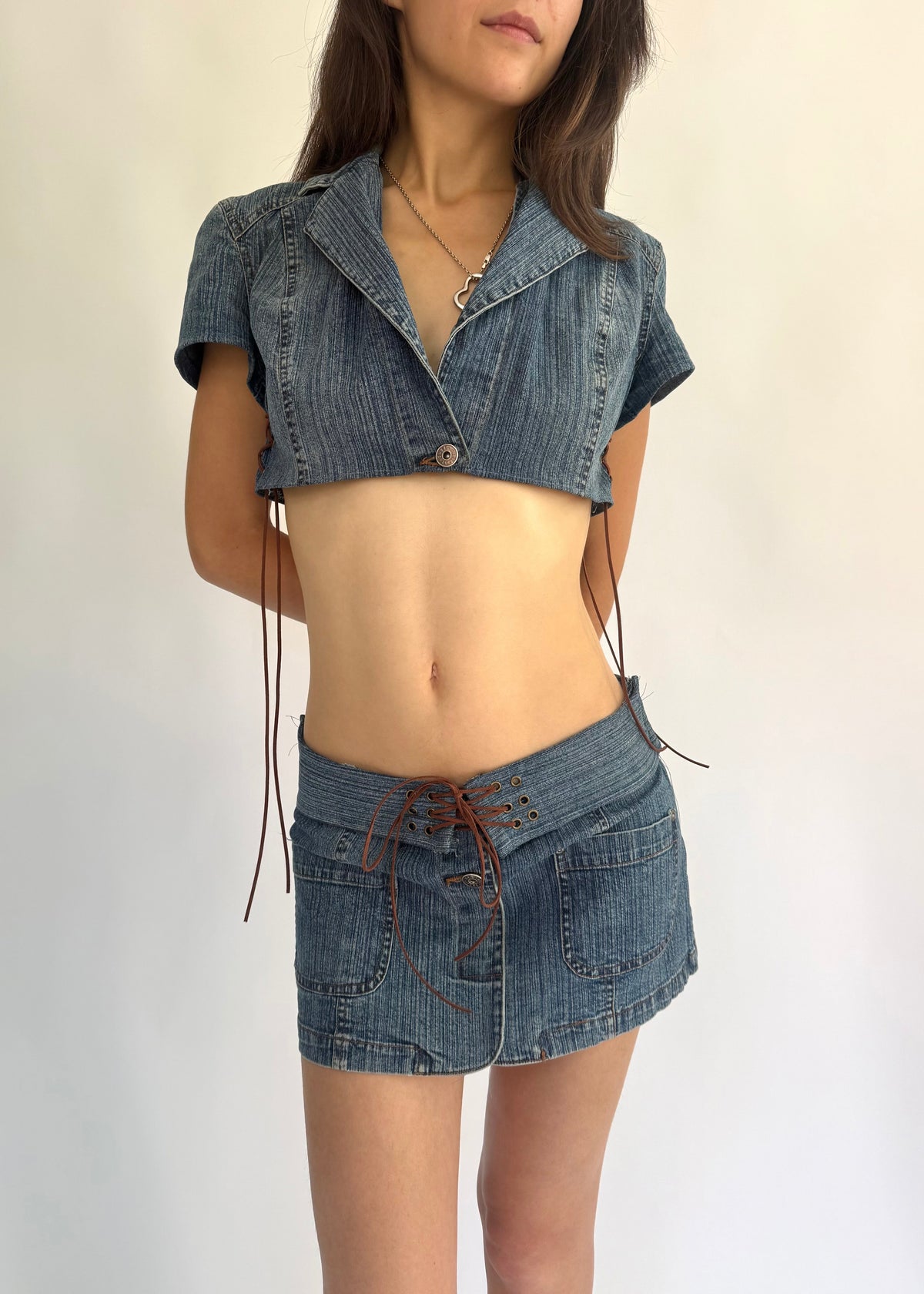 2000s one of one reworked denim low rise mini skirt and crop top set with lace-up detail