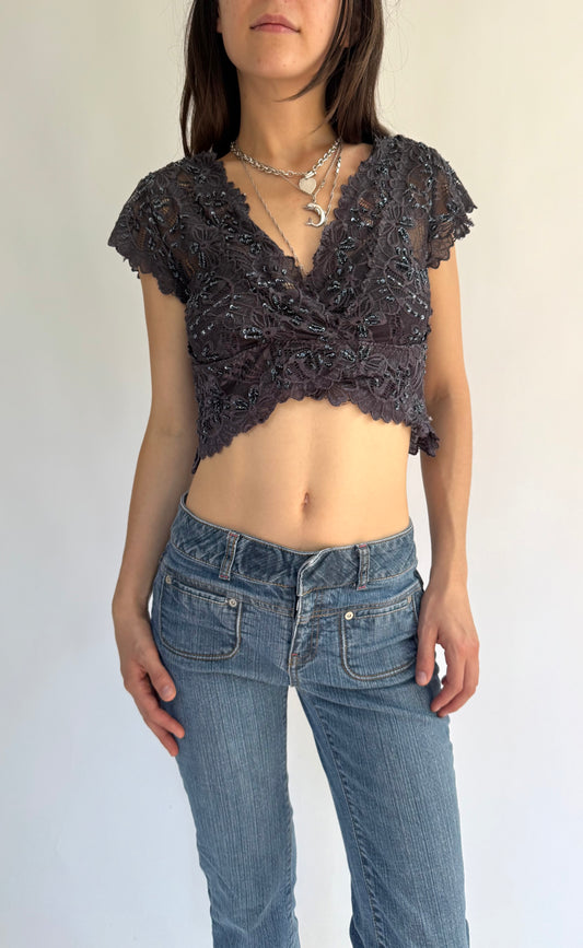 Y2K beaded lace top with V-neck