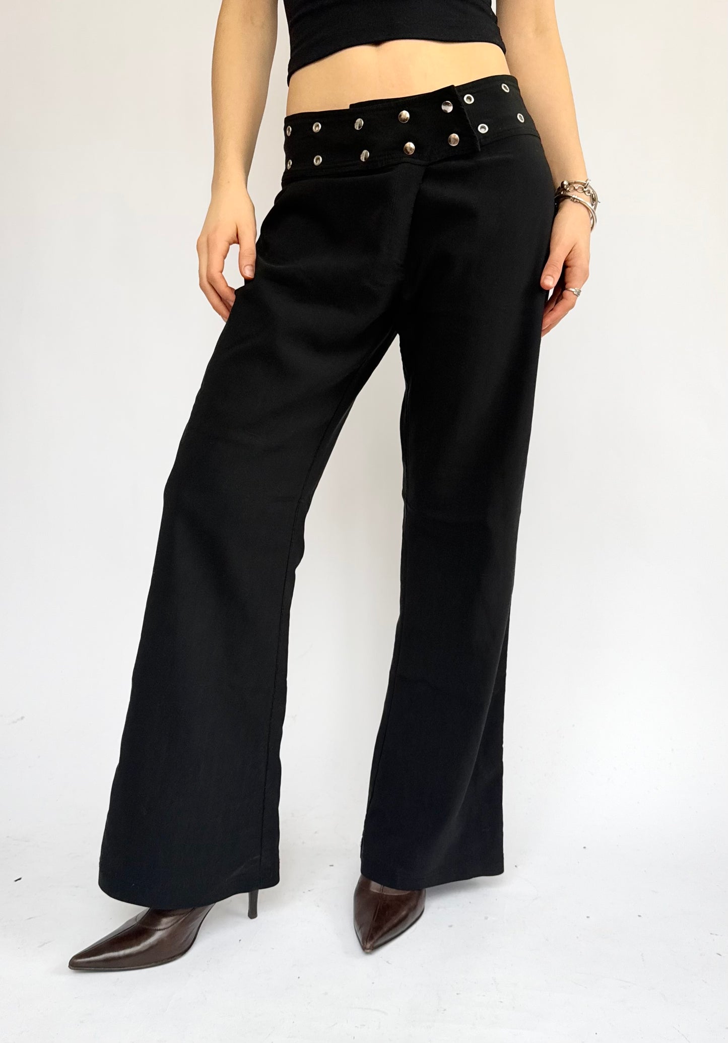 Y2K black flared studed waistband pants