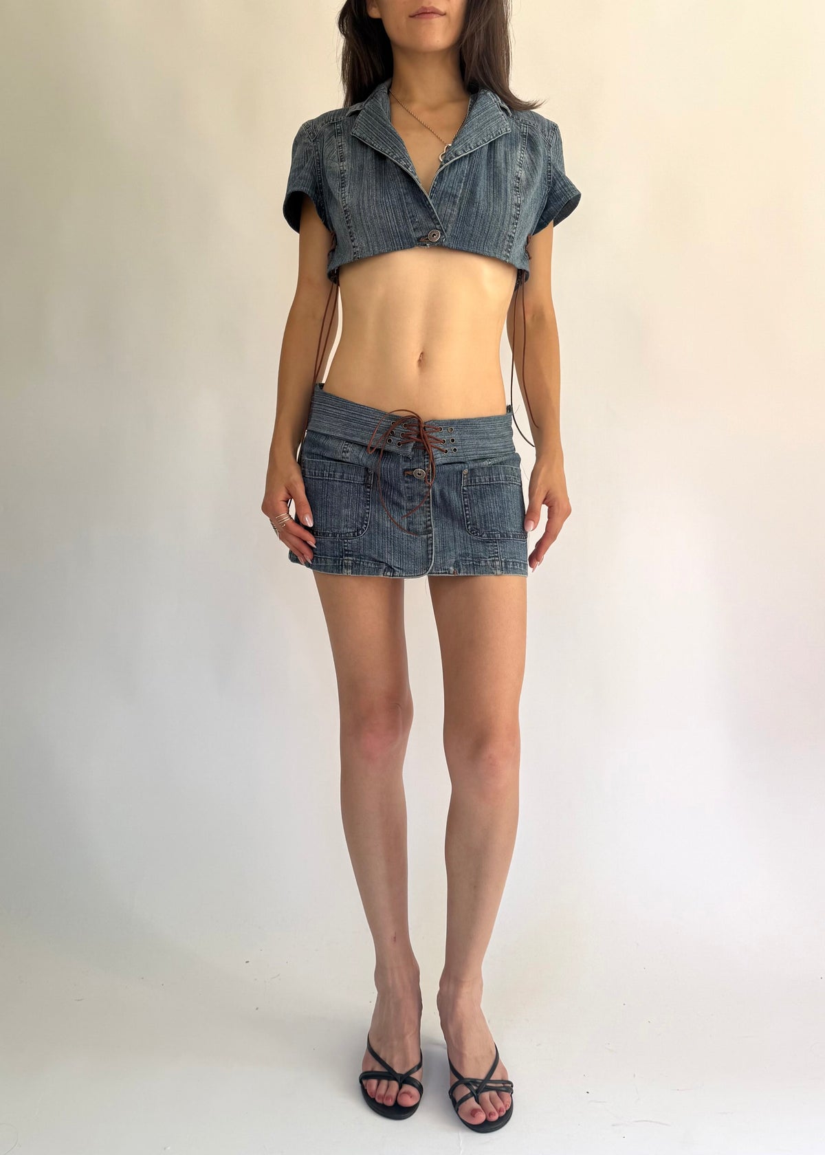 2000s one of one reworked denim low rise mini skirt and crop top set with lace-up detail