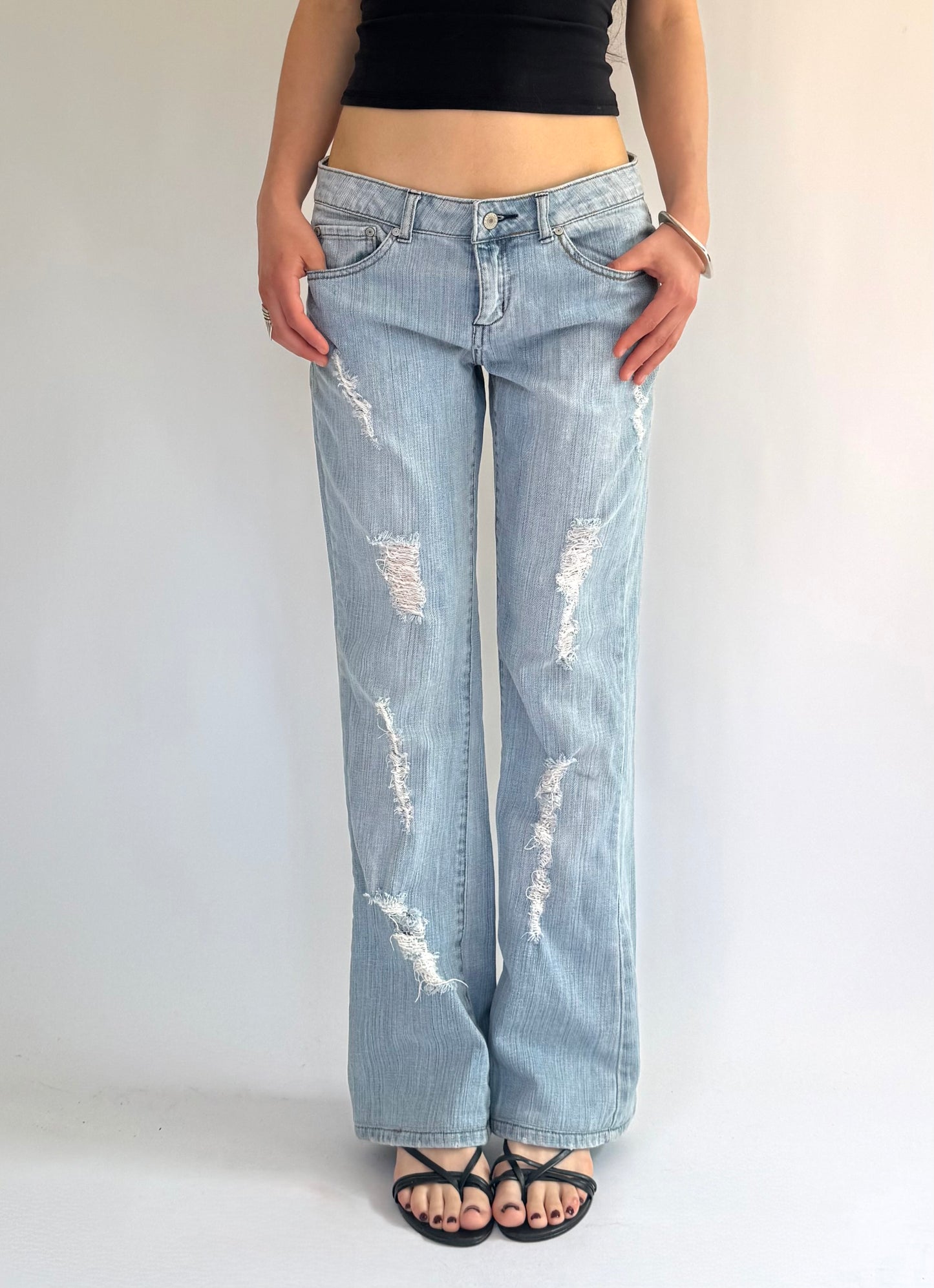 Y2K low rise baggy Distressed flared denim jeans