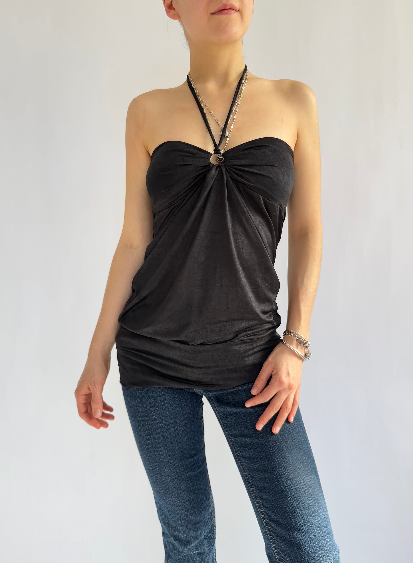 Y2k black strapless halter top with tie neck detail