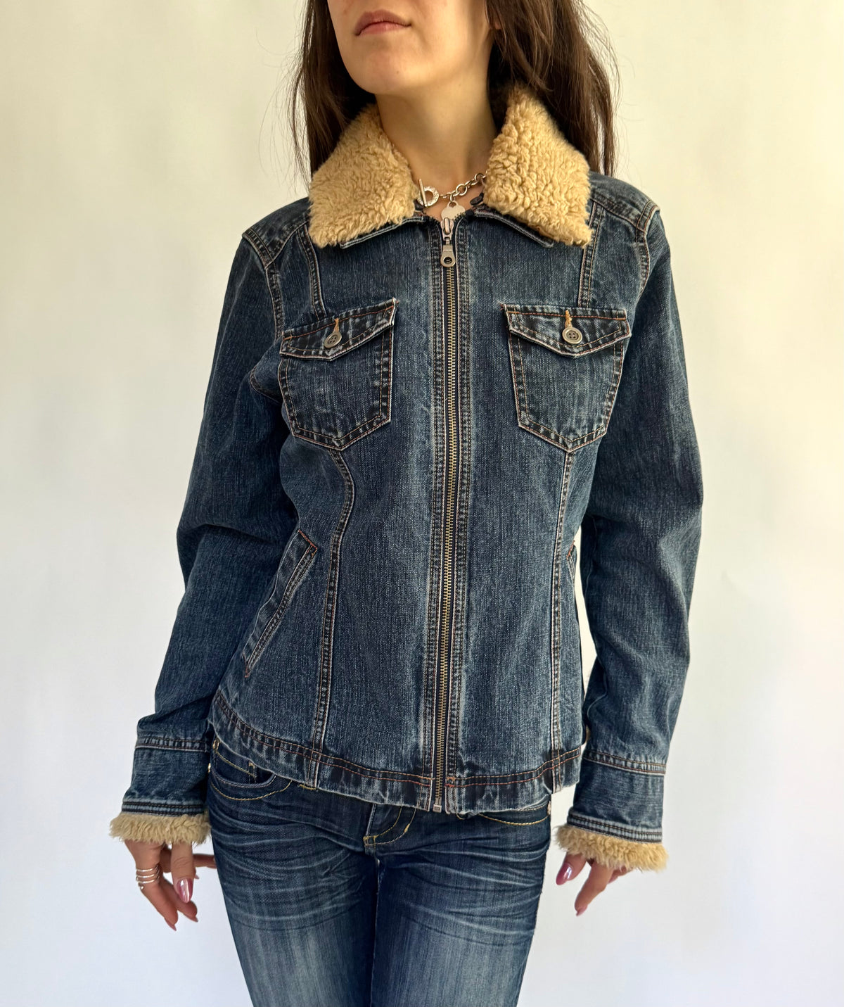 French Cuff Y2K Sherpa Collar Denim Jacket – Size M