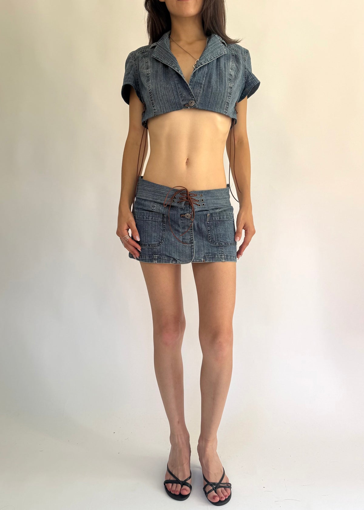 2000s one of one reworked denim low rise mini skirt and crop top set with lace-up detail