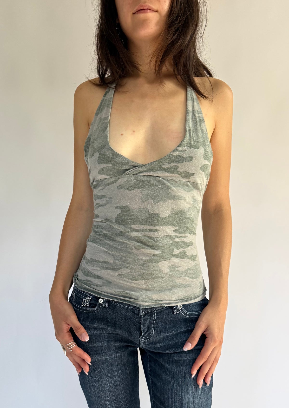 Reworked Y2K inspired camo print halter top