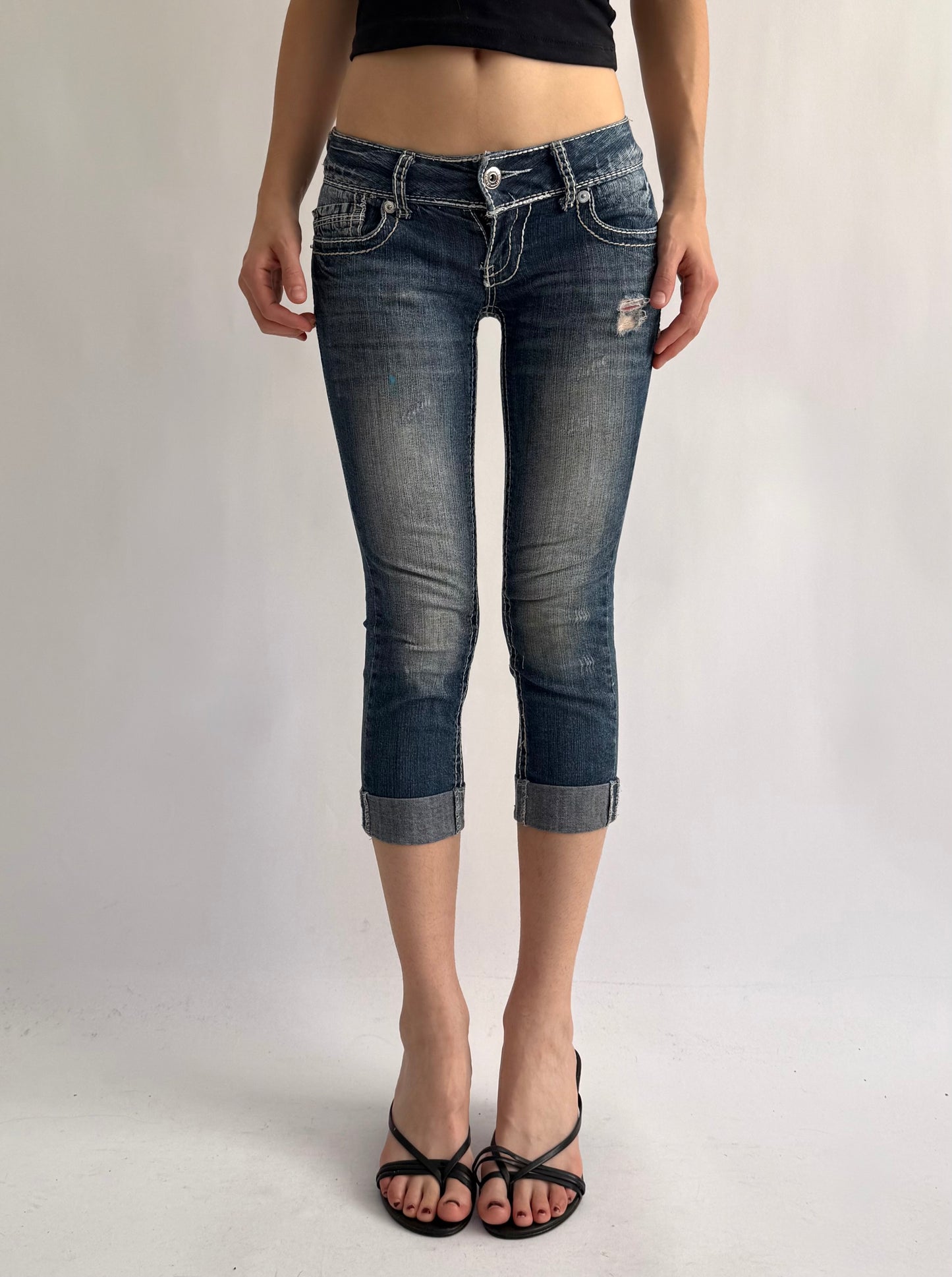 Y2K denim low rise capris with white stitching by Amethyst