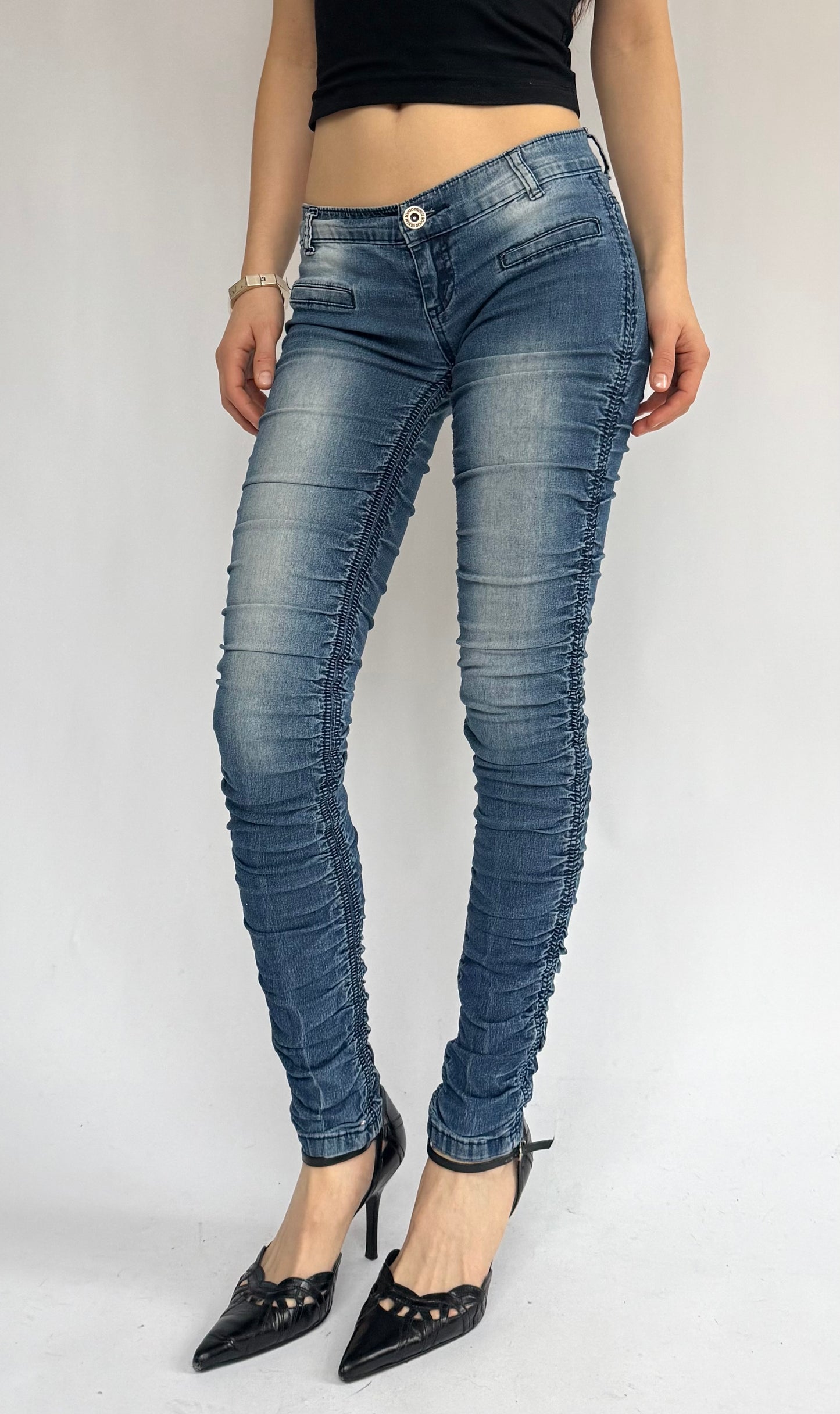Y2K extra low rise skinny jeans with pleats by brand Bongo
