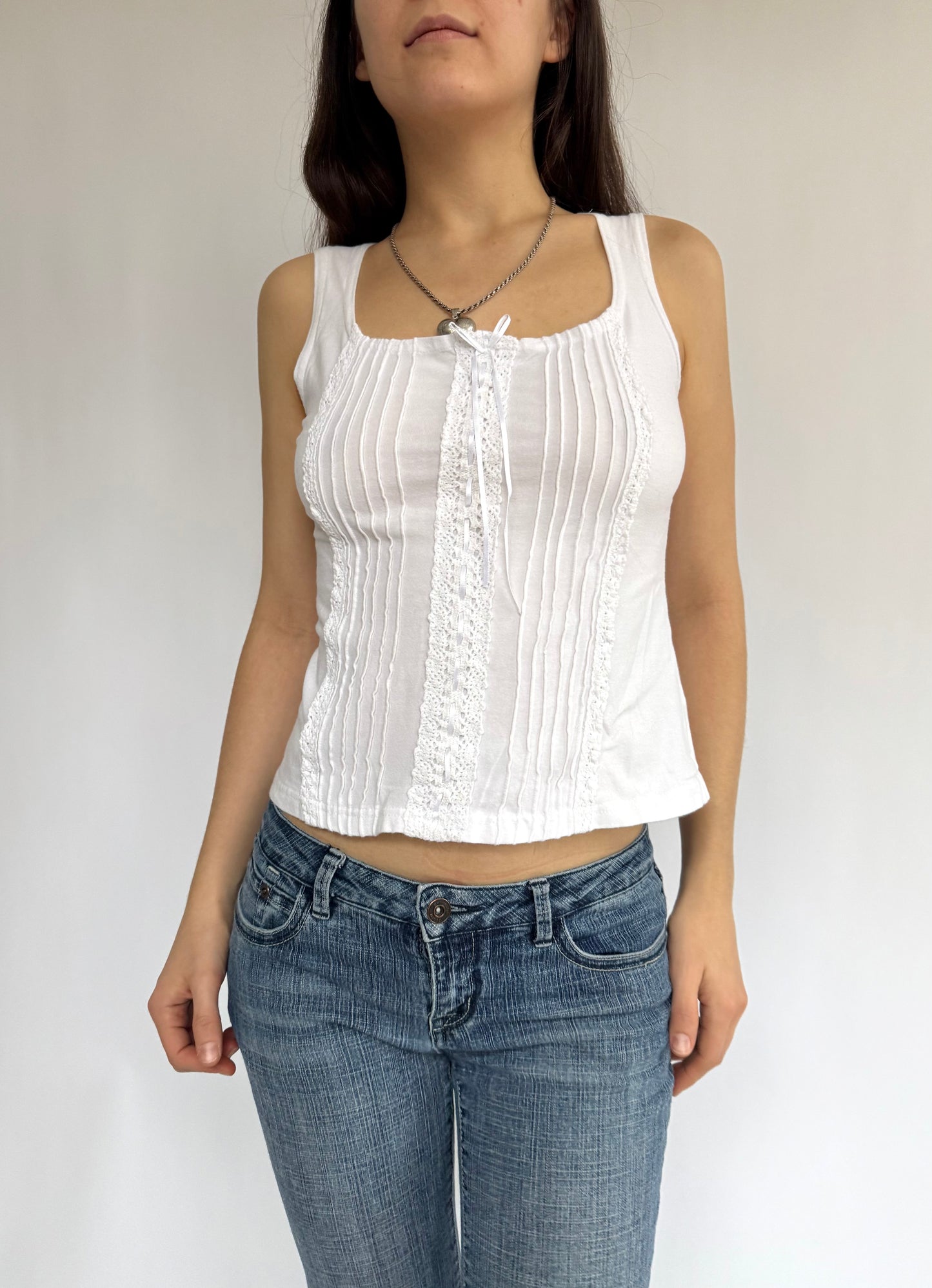 Y2K white cotton top with lace trim and front tie detail