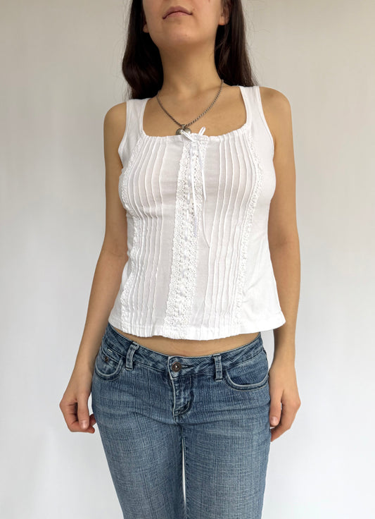 Y2K white cotton top with lace trim and front tie detail