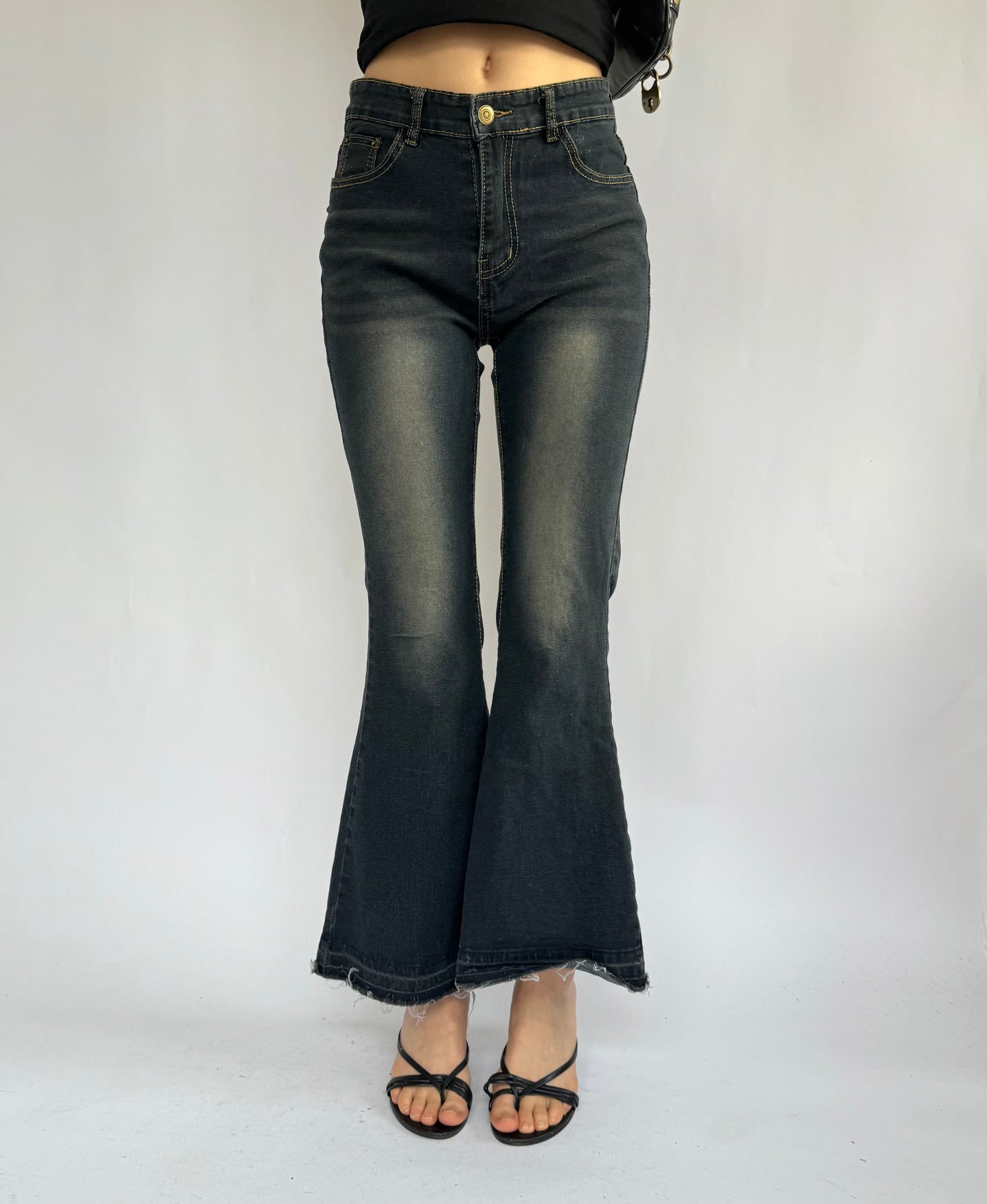 2000s mid rise flare jeans with gold embroidered logo “jello jello”