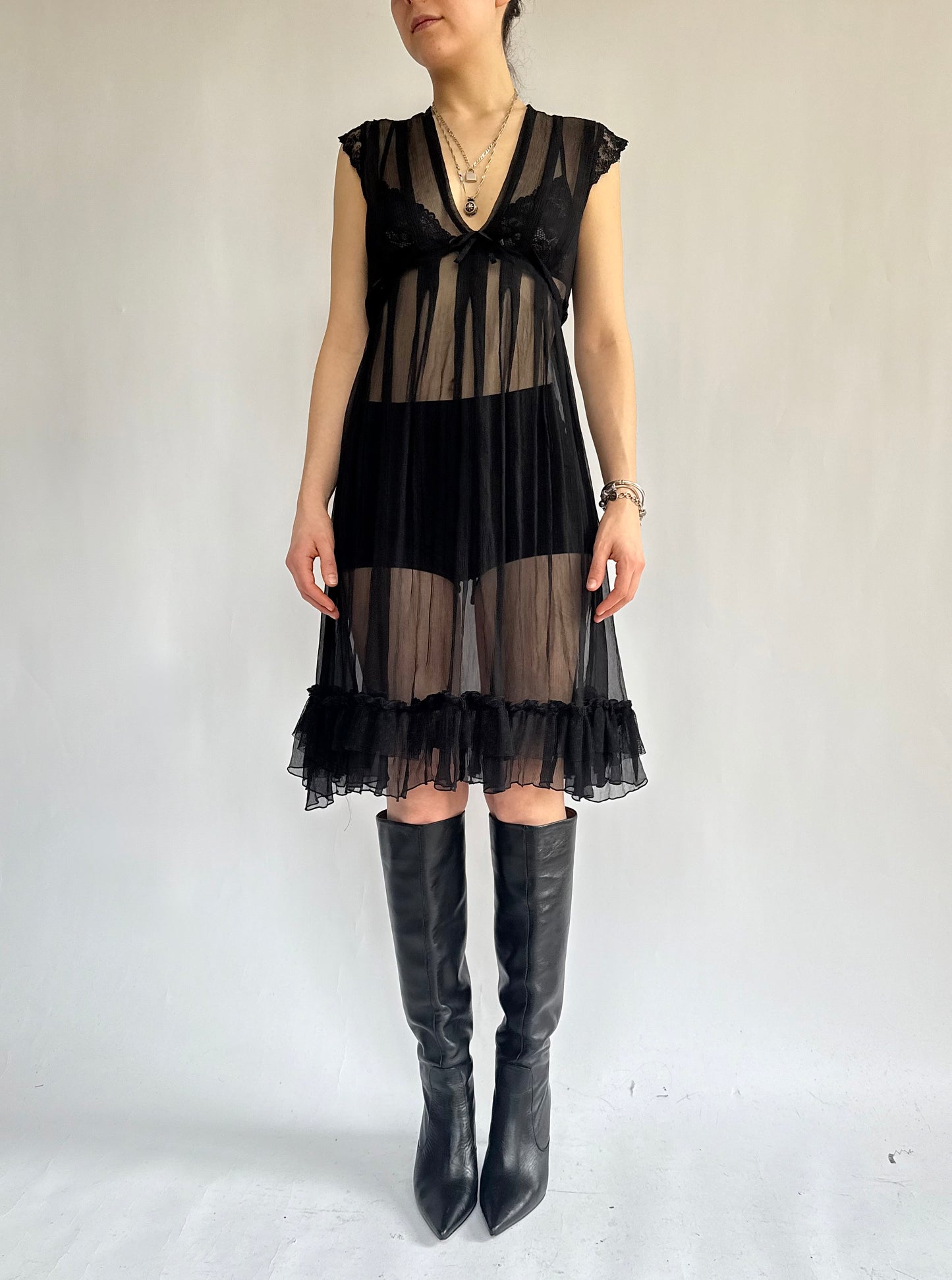 Vintage 90s Black mesh babydoll dress with ruffles and bow detail