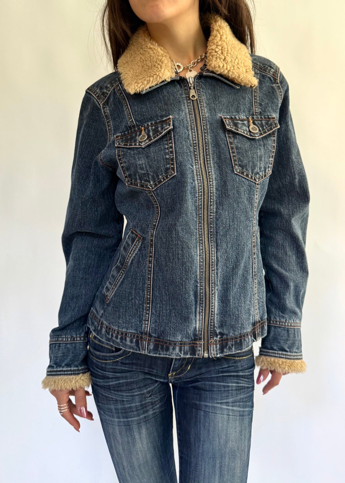 French Cuff Y2K Sherpa Collar Denim Jacket – Size M