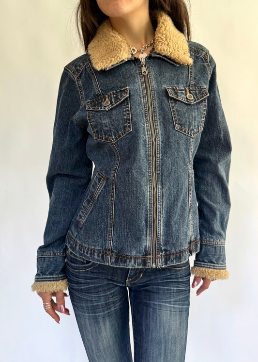French Cuff Y2K Sherpa Collar Denim Jacket – Size M