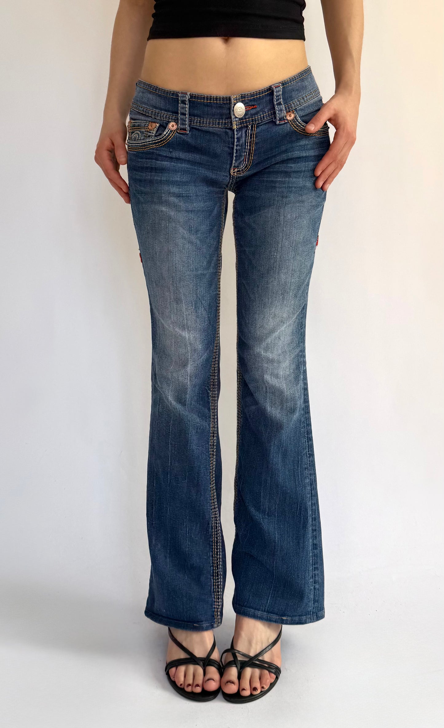Y2K Low rise blue bootcut jeans with gold detailing