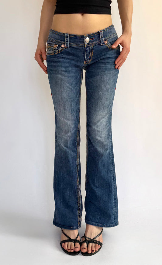 Y2K Low rise blue bootcut jeans with gold detailing