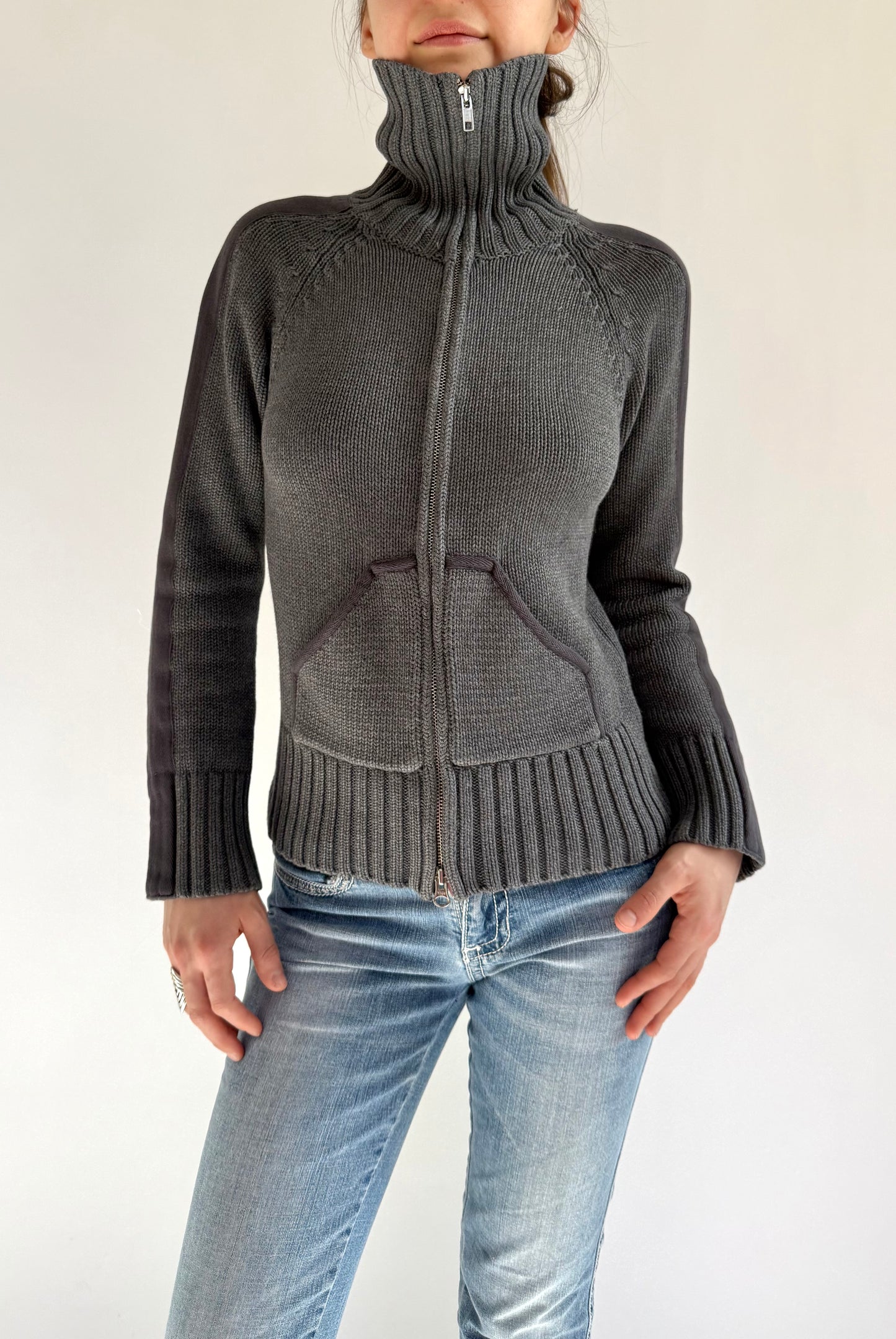 Y2K/2000s thick knit zip up sweater with high neck