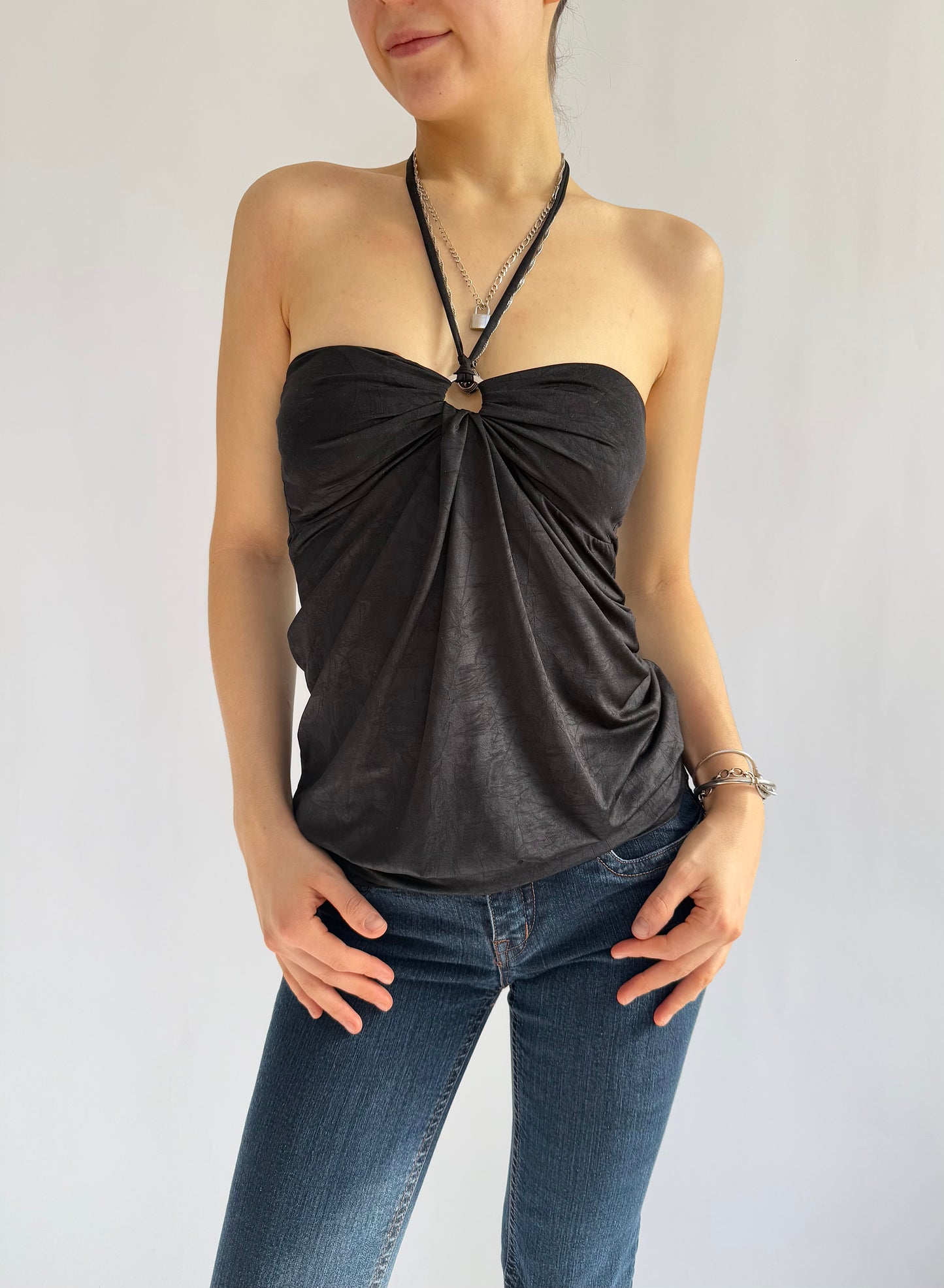 Y2k black strapless halter top with tie neck detail