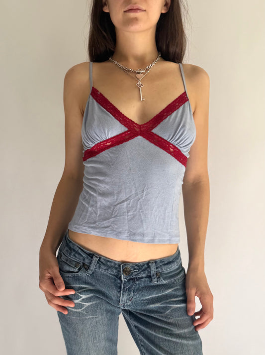 Y2K baby blue cami with red lace trim