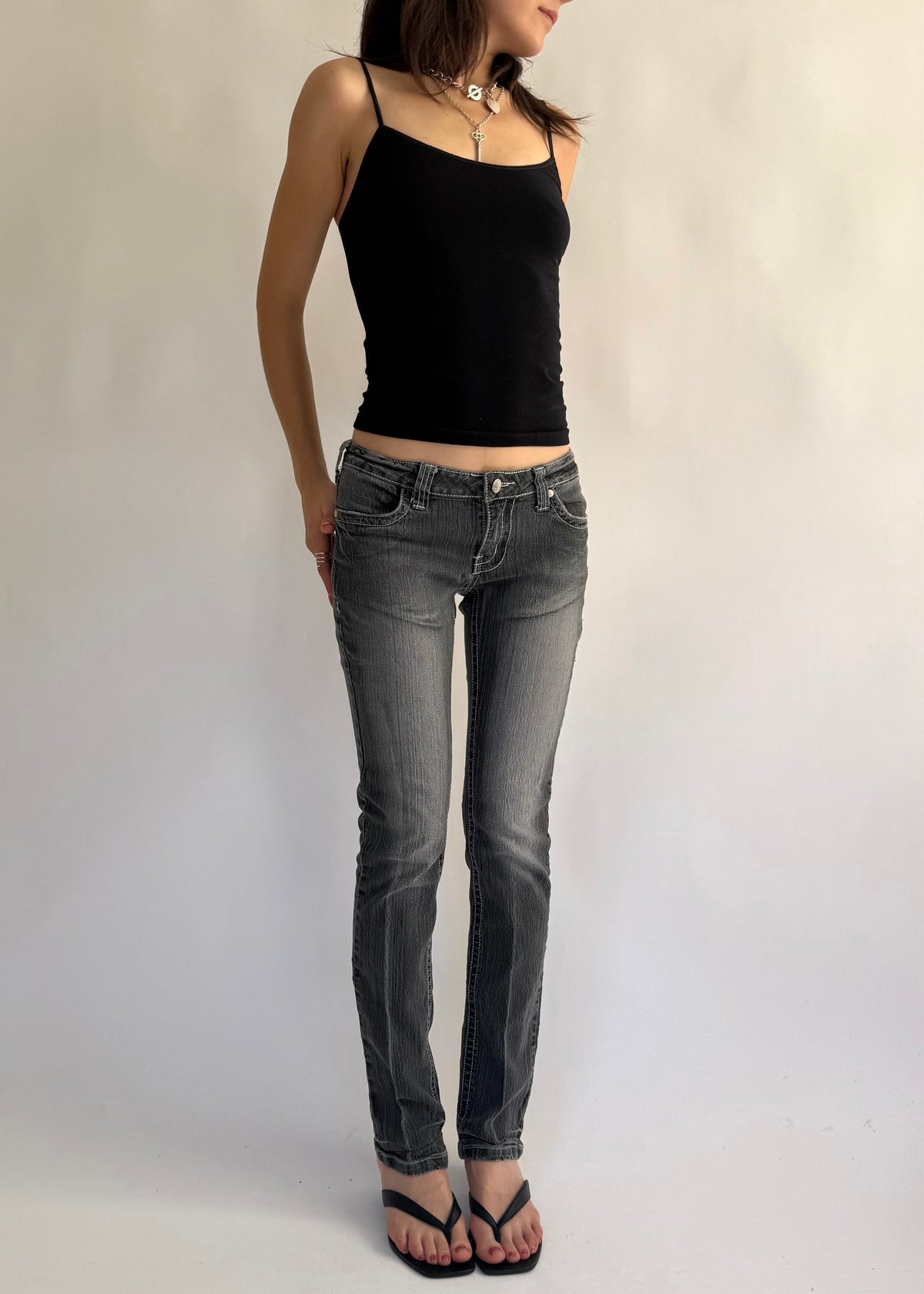Early 2000s extra low rise gray skinny/straight leg jeans
