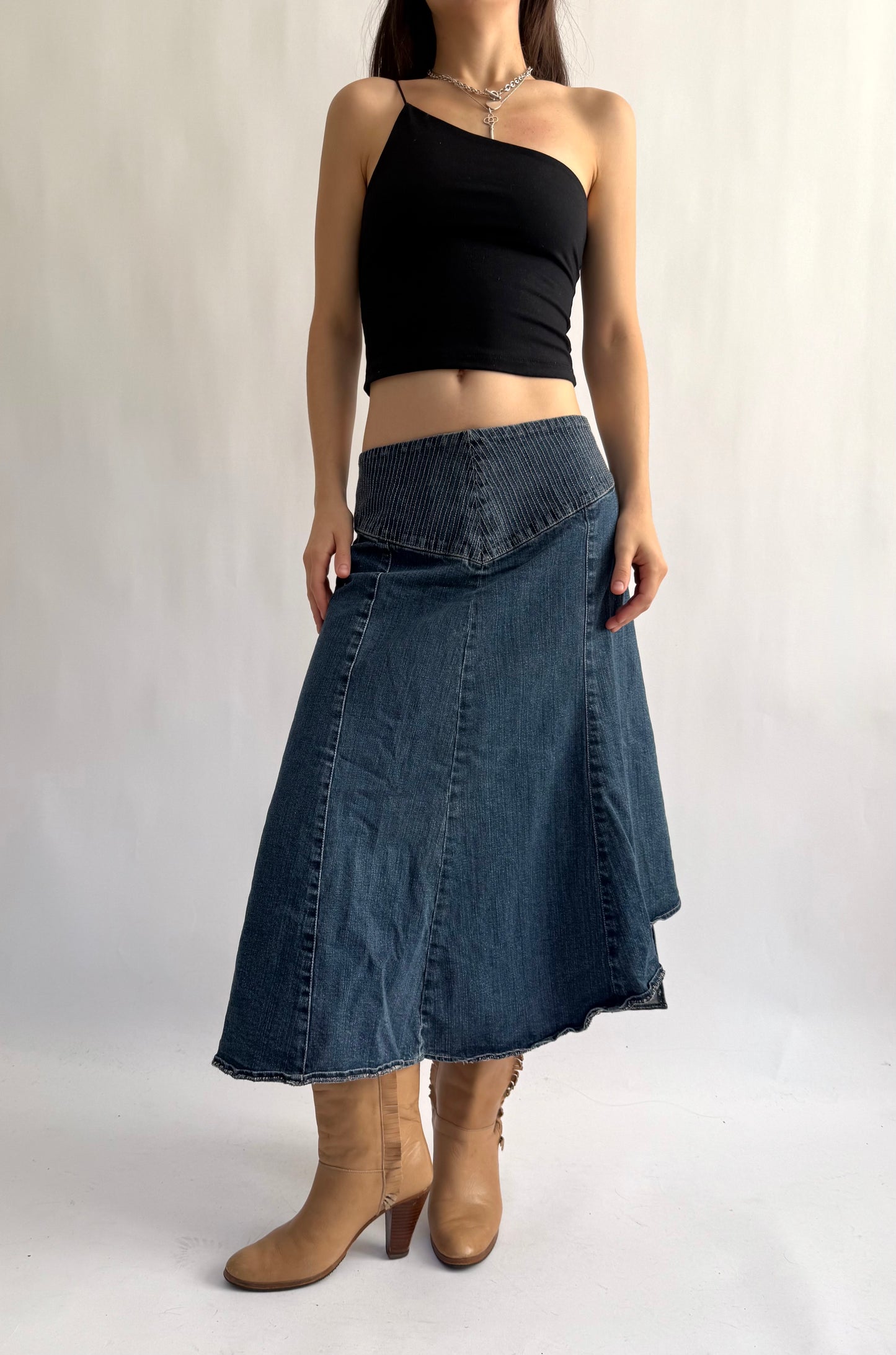 Y2K denim low rise maxi skirt with thick waist band detail by Simon Chang