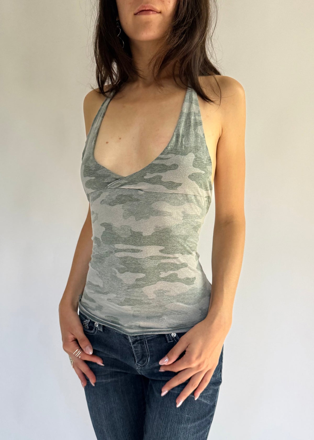 Reworked Y2K inspired camo print halter top