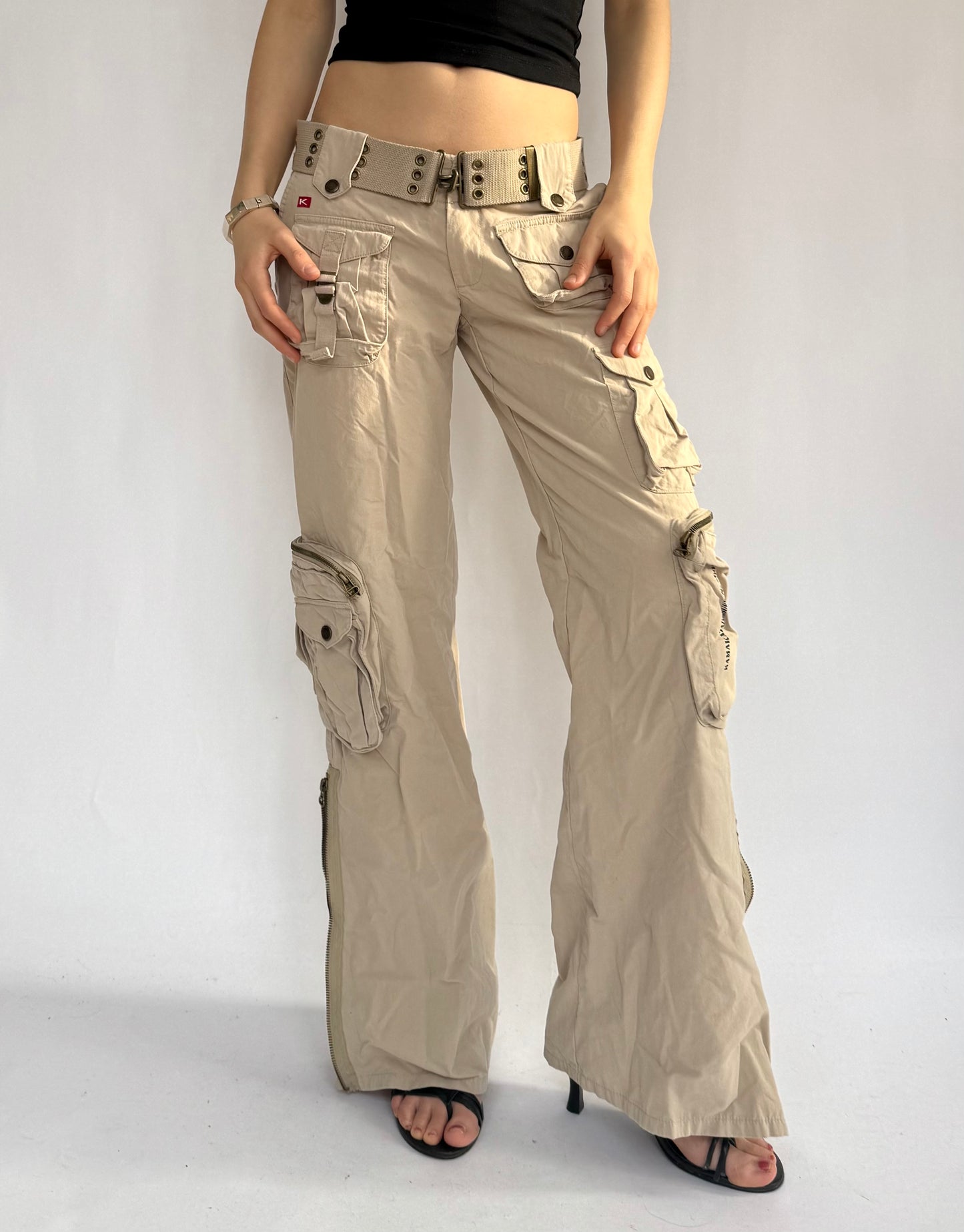 Y2K low rise beige flared cargos pants