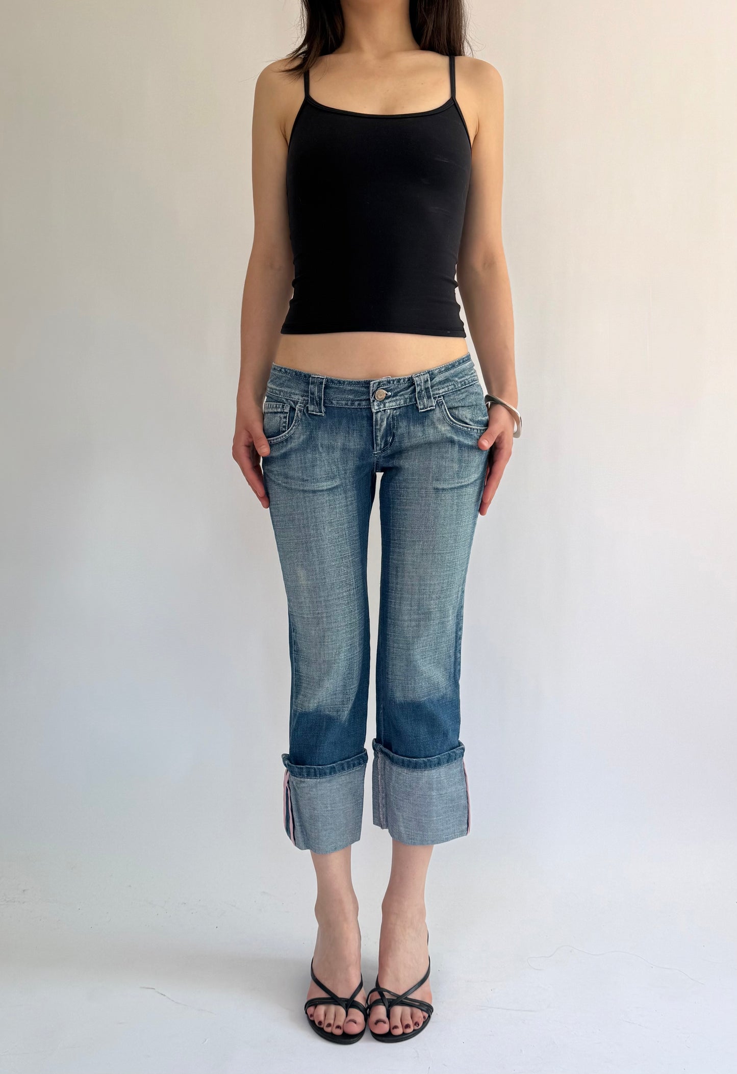 Y2K extra Low rise denim capris with baby pink embroidered back