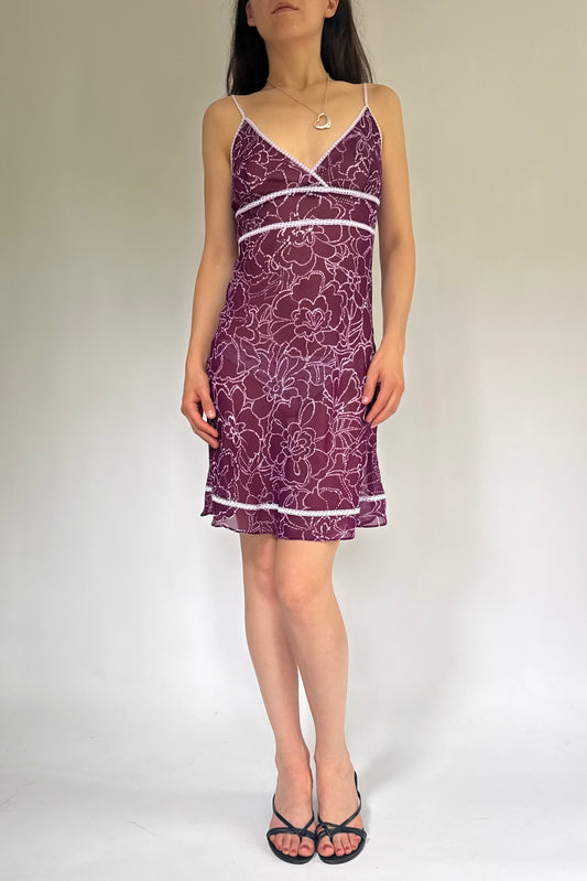 Y2K mesh purple and white floral dress